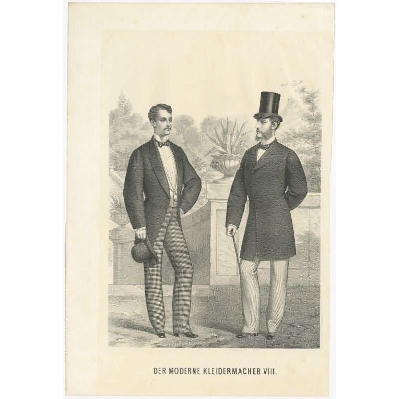 Antique costume print titled 'Der Moderne Kleidermacher VIII'. Old fashion print of two men wearing various outfits including long jackets/coats and hats.

Artists and Engravers: Anonymous.

Condition:
Good, general age-related toning. Minor