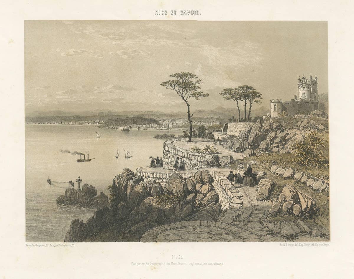 Decorative Antique Print of Nice Near Mont Boron in France, c.1865