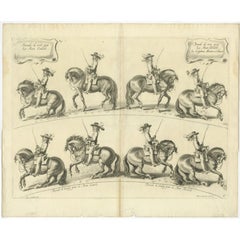 Stampa antica decorativa dell'addestramento dei cavalli a Galop, 1740 ca.
