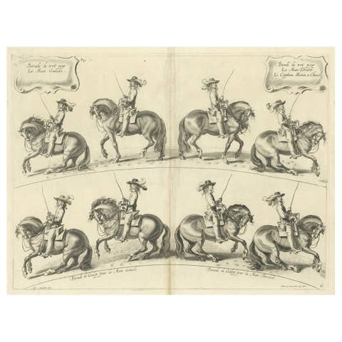 Decorative Antique Print of the Schooling of Horses in Galop, c.1740