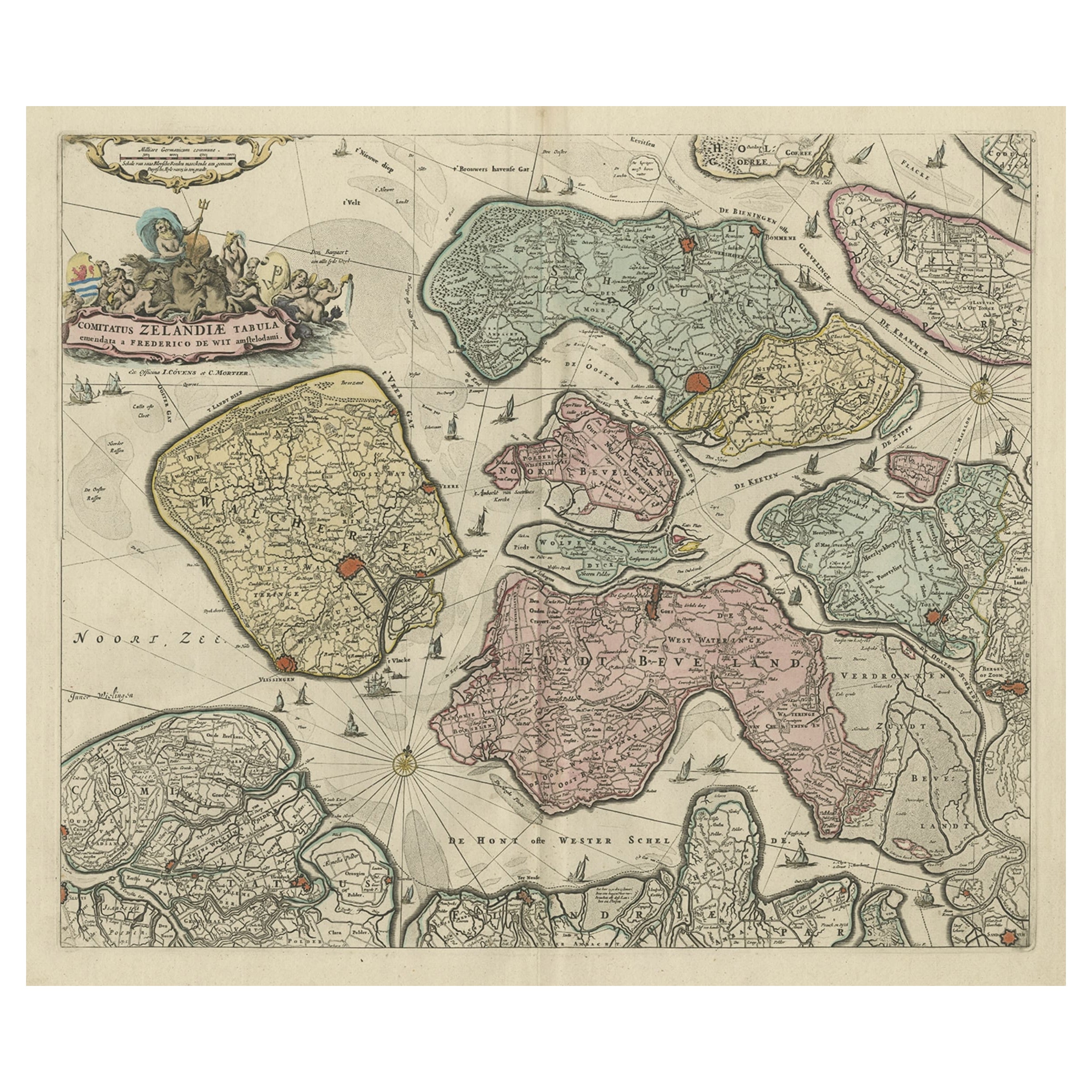 Carta marittima antica decorativa della Zelanda, una provincia dei Paesi Bassi, 1730 ca.