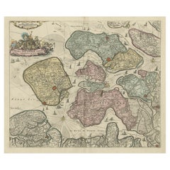 Carta marittima antica decorativa della Zelanda, una provincia dei Paesi Bassi, 1730 ca.