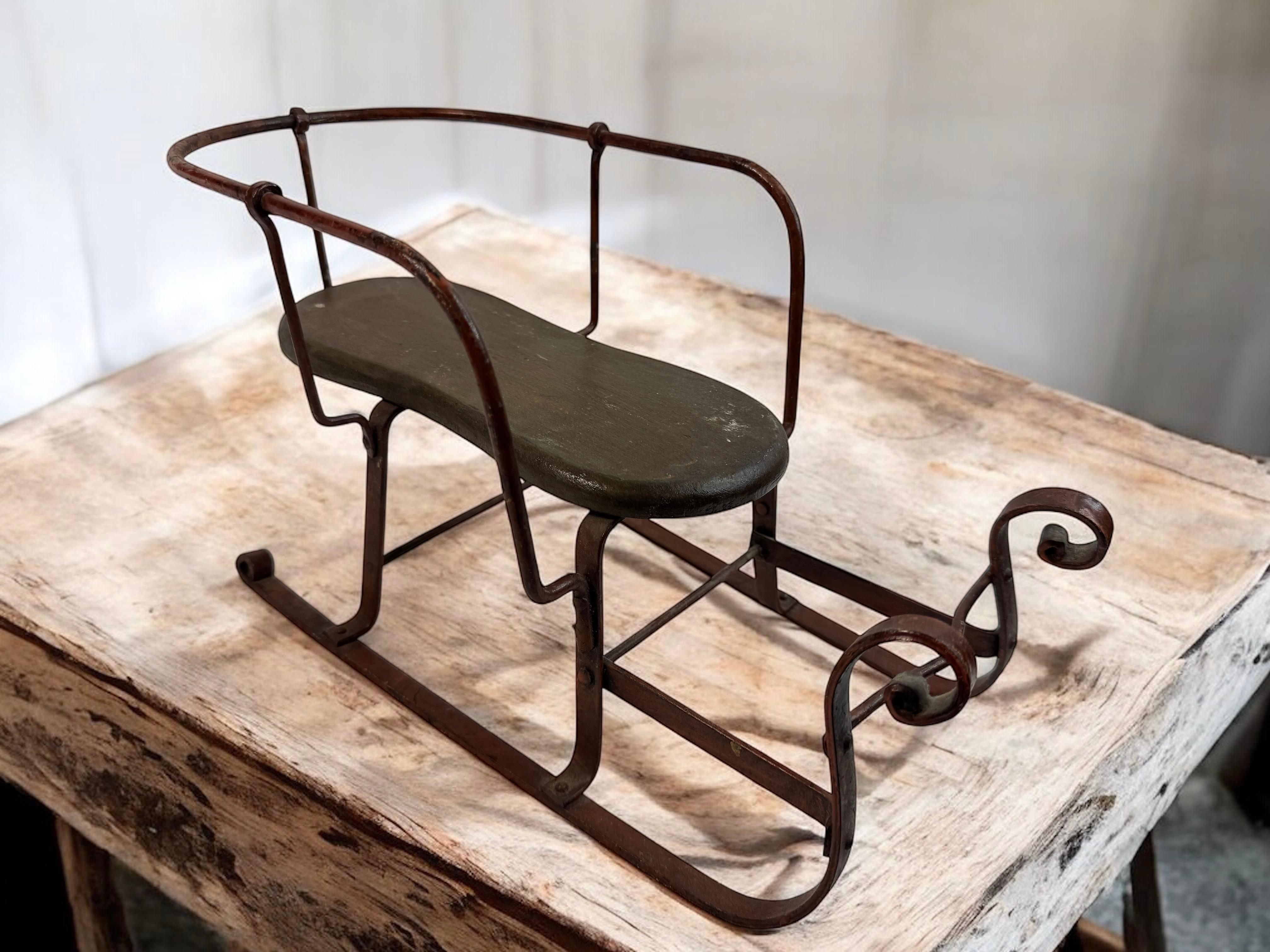 Decorative Antique Sled, Wrought Iron with a Wood Seat, German 1910s For Sale 4