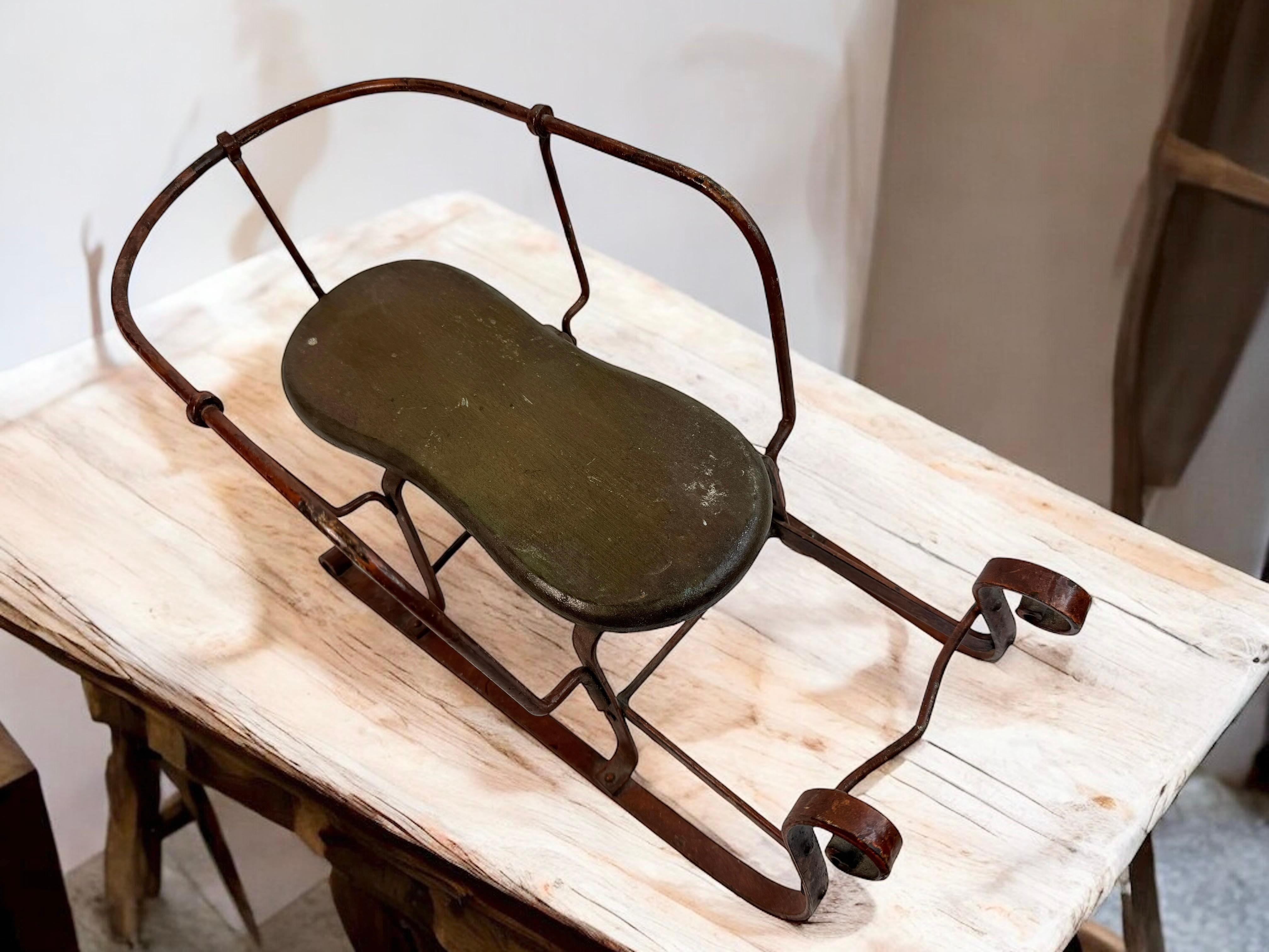 Decorative Antique Sled, Wrought Iron with a Wood Seat, German 1910s For Sale 5