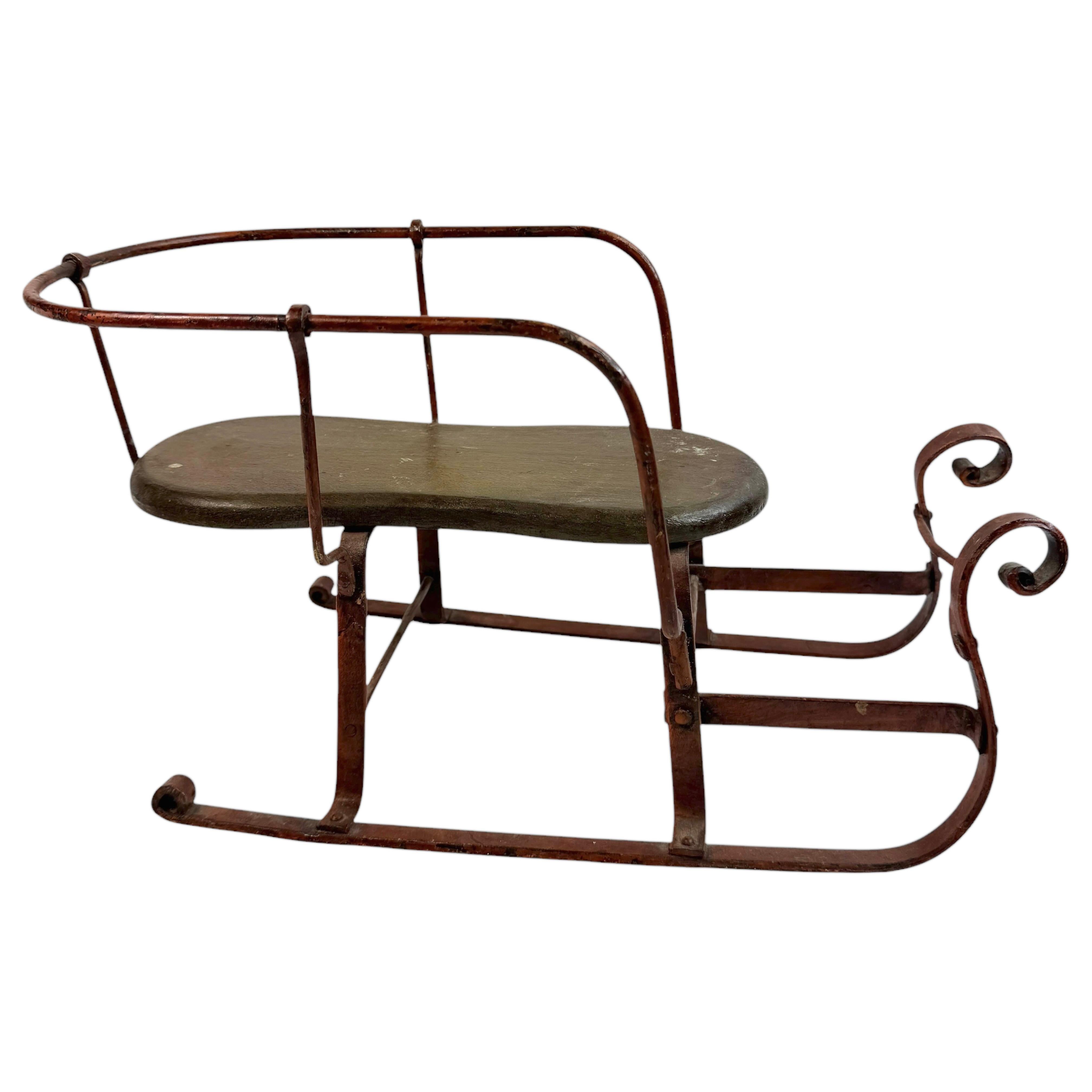 Folk Art Decorative Antique Sled, Wrought Iron with a Wood Seat, German 1910s For Sale