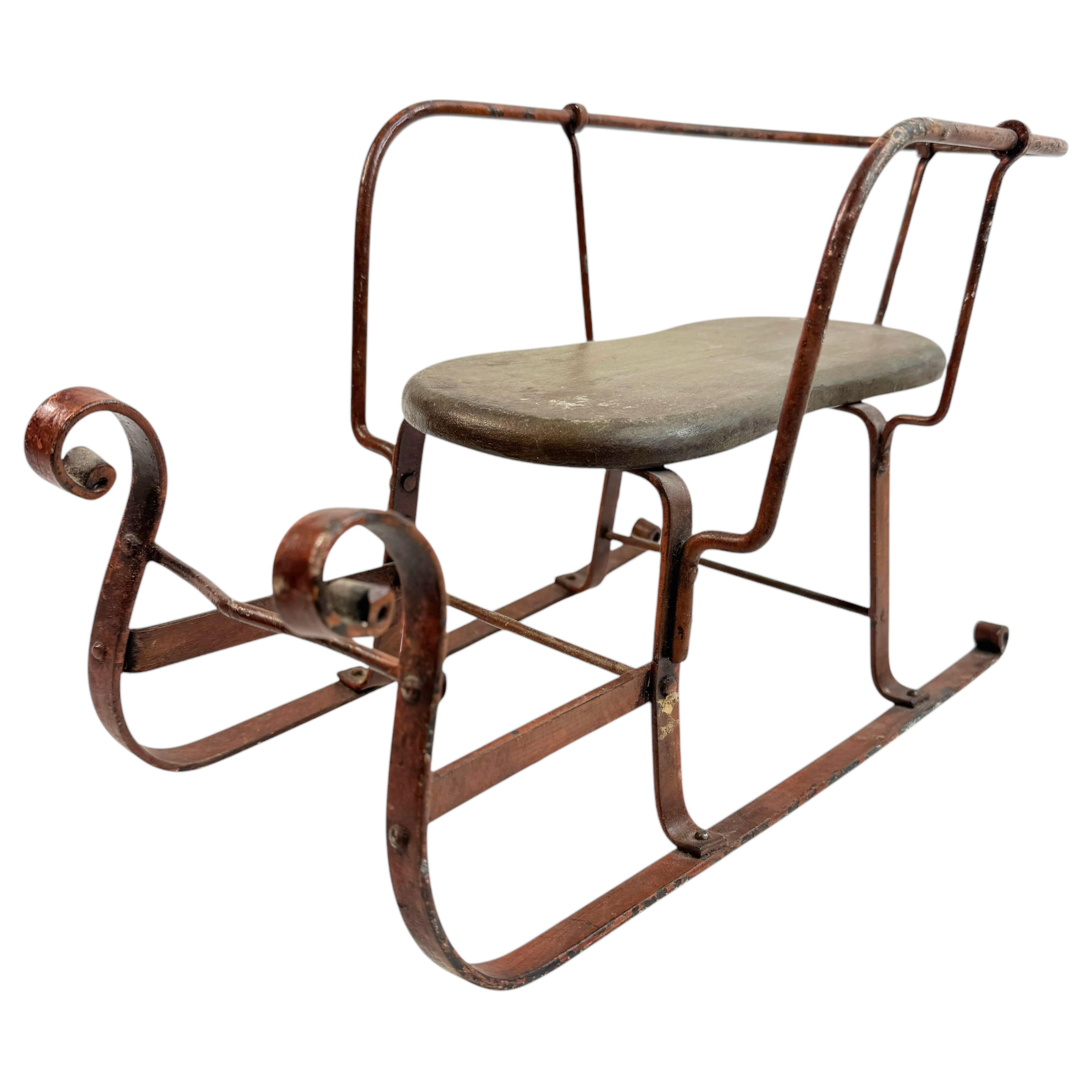 20th Century Decorative Antique Sled, Wrought Iron with a Wood Seat, German 1910s For Sale