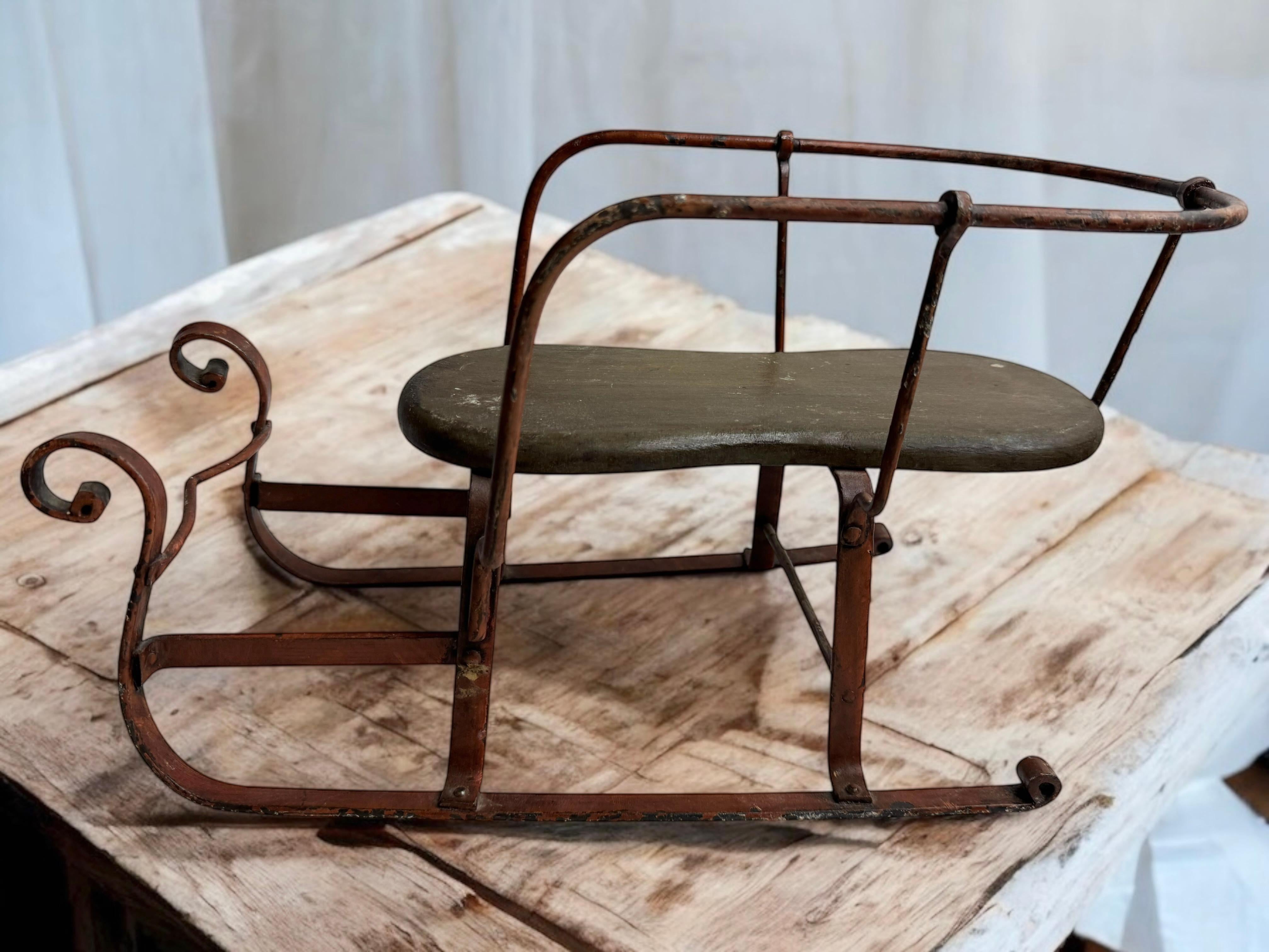 Decorative Antique Sled, Wrought Iron with a Wood Seat, German 1910s For Sale 1