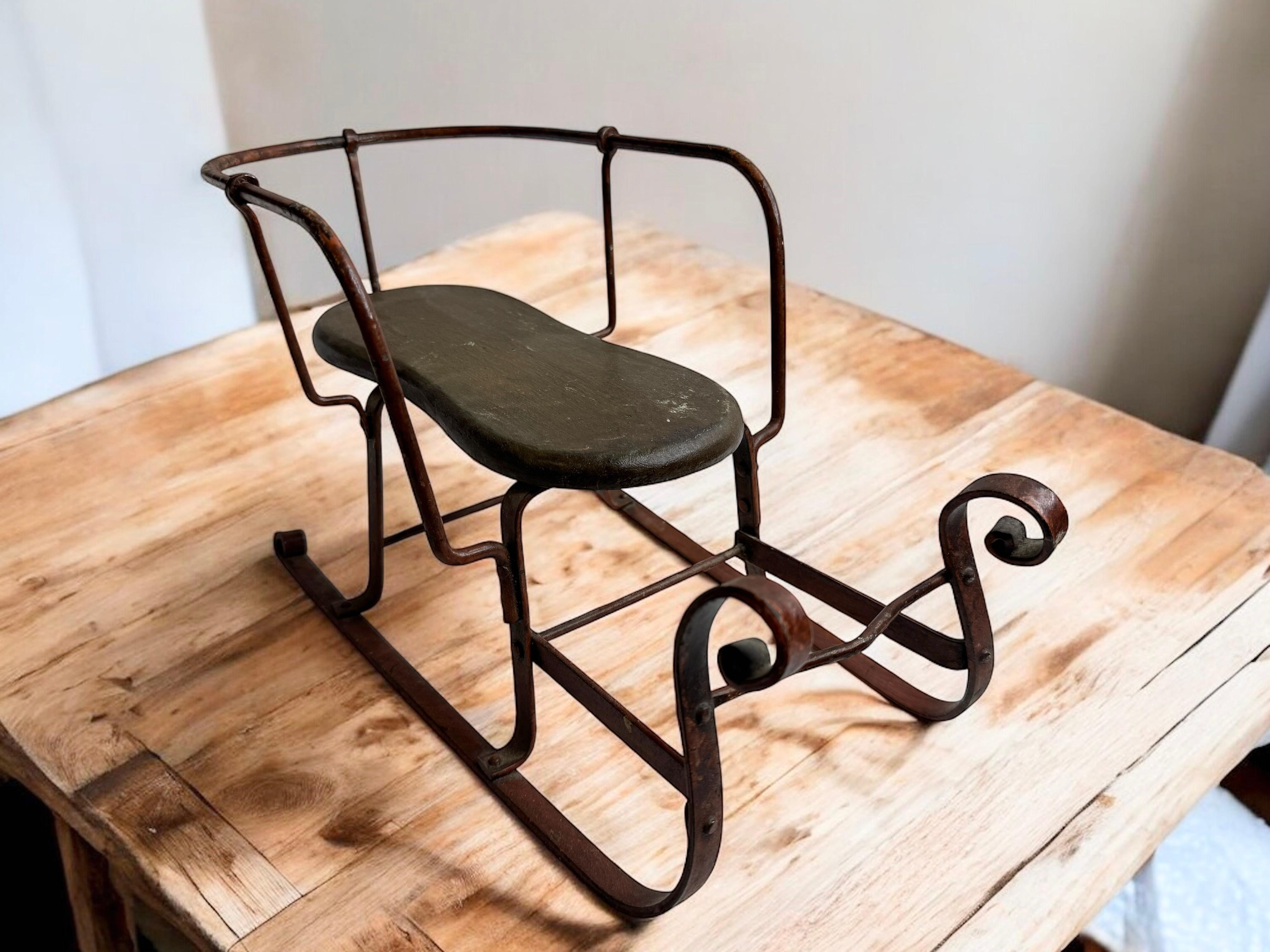 Decorative Antique Sled, Wrought Iron with a Wood Seat, German 1910s For Sale 3