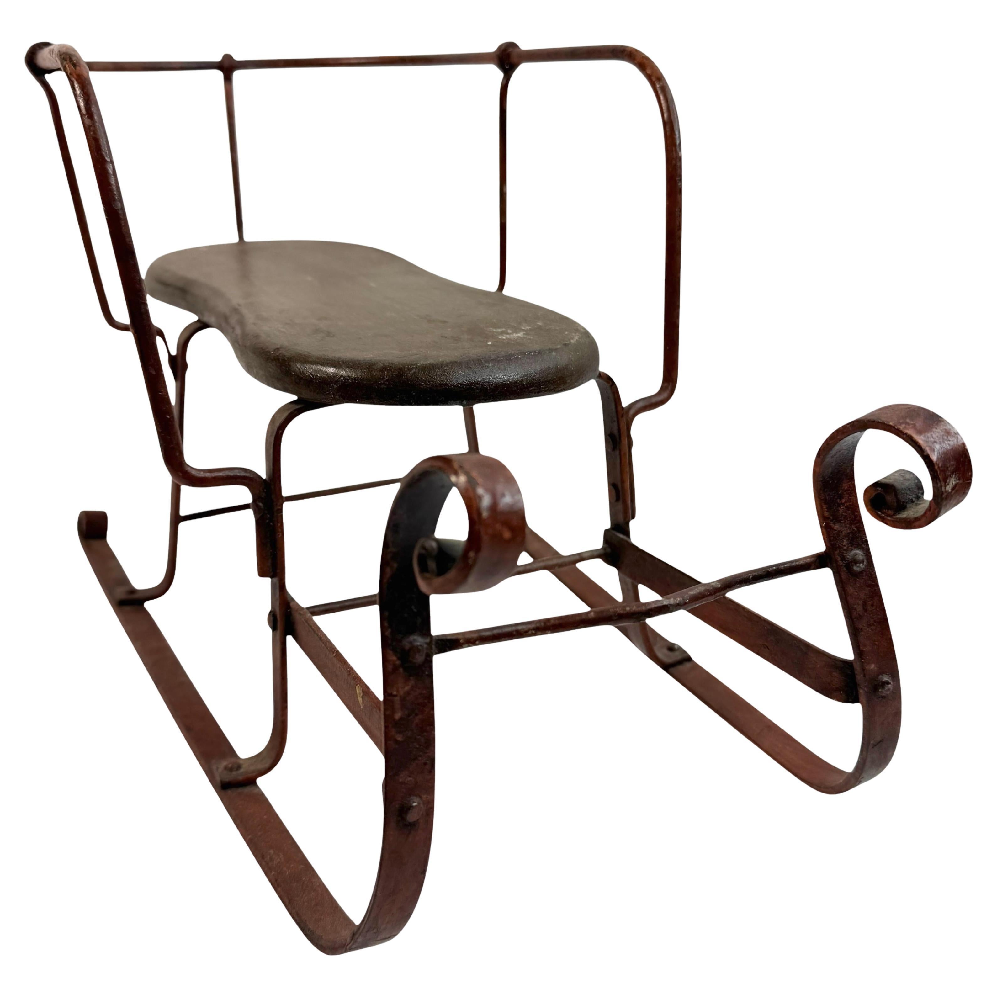 Decorative Antique Sled, Wrought Iron with a Wood Seat, German 1910s