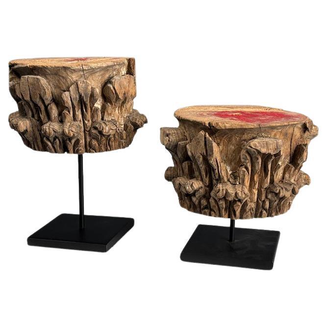 Decorative Antique Wooden Stands – Pair of Carved Corinthian Capitals For Sale