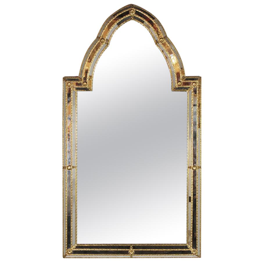 Decorative Arched Top Venetian Style Ornate Mirror with Gilt Brass Accents