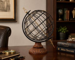 Decorative Armillary Style Metal Globe Sculpture on Carved Wood Pedestal Base