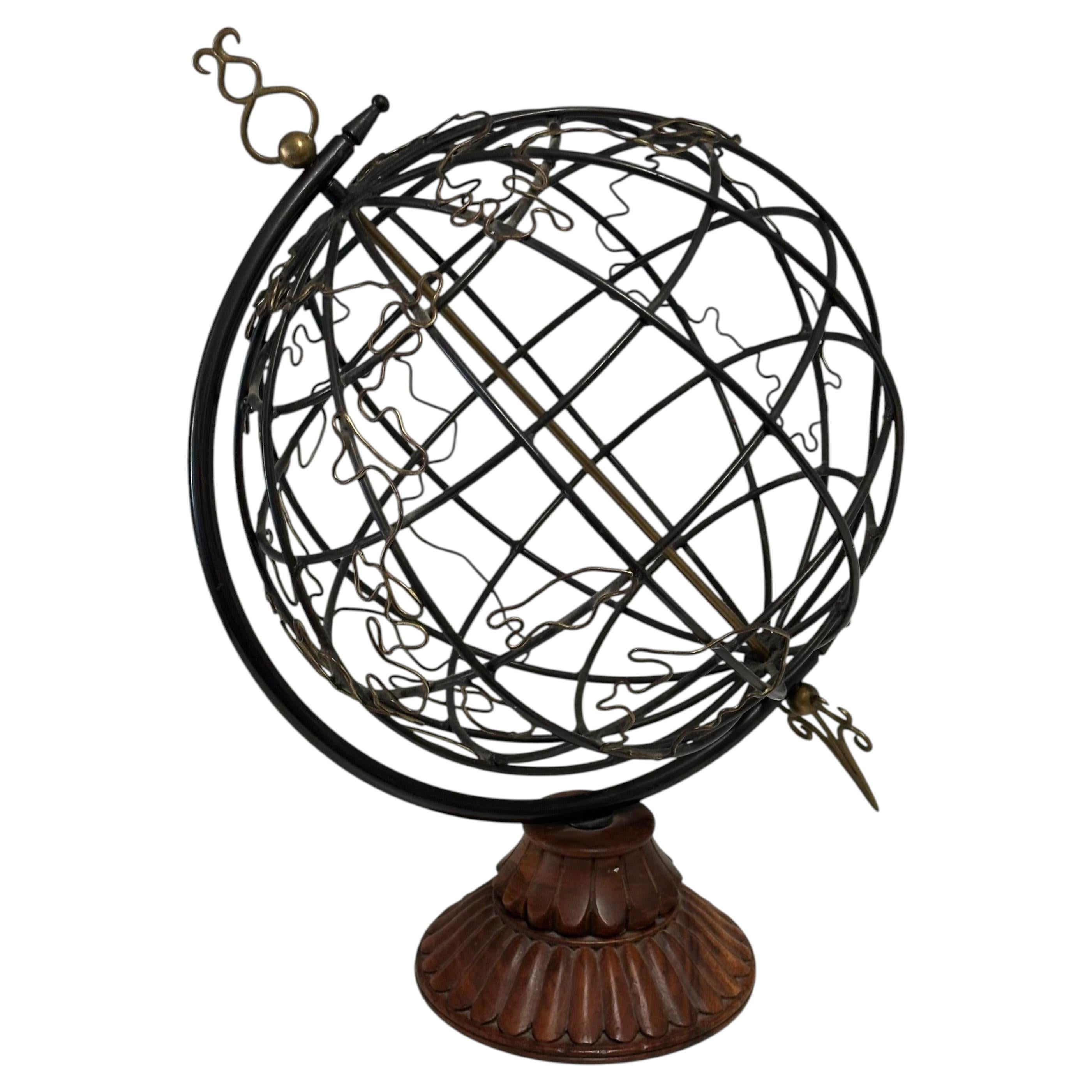 Decorative Armillary Style Metal Globe Sculpture on Carved Wood Pedestal Base