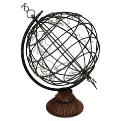 Decorative Armillary Style Metal Globe Sculpture on Carved Wood Pedestal Base