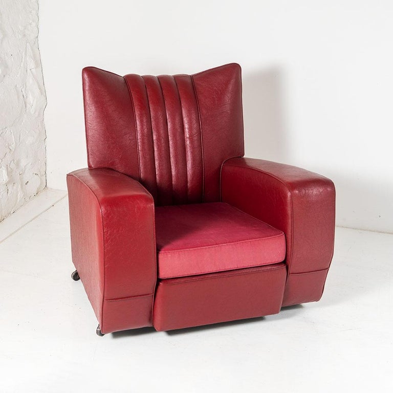 Decorative Art Deco Club Armchair in a classic red Rexine In Fair Condition For Sale In Llanbrynmair, GB