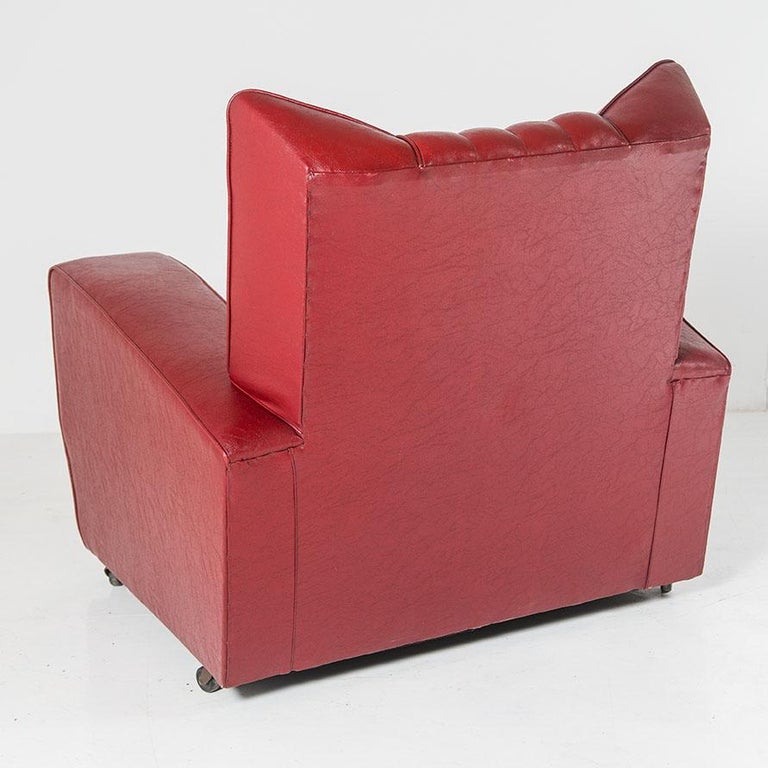 Decorative Art Deco Club Armchair in a classic red Rexine For Sale 1