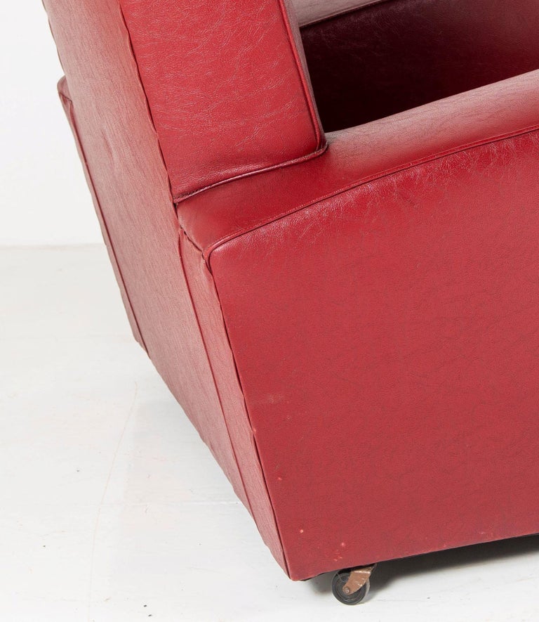 Decorative Art Deco Club Armchair in a classic red Rexine For Sale 3