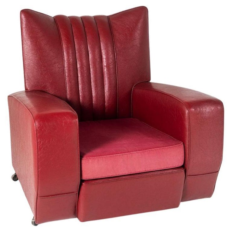 Decorative Art Deco Club Armchair in a classic red Rexine For Sale