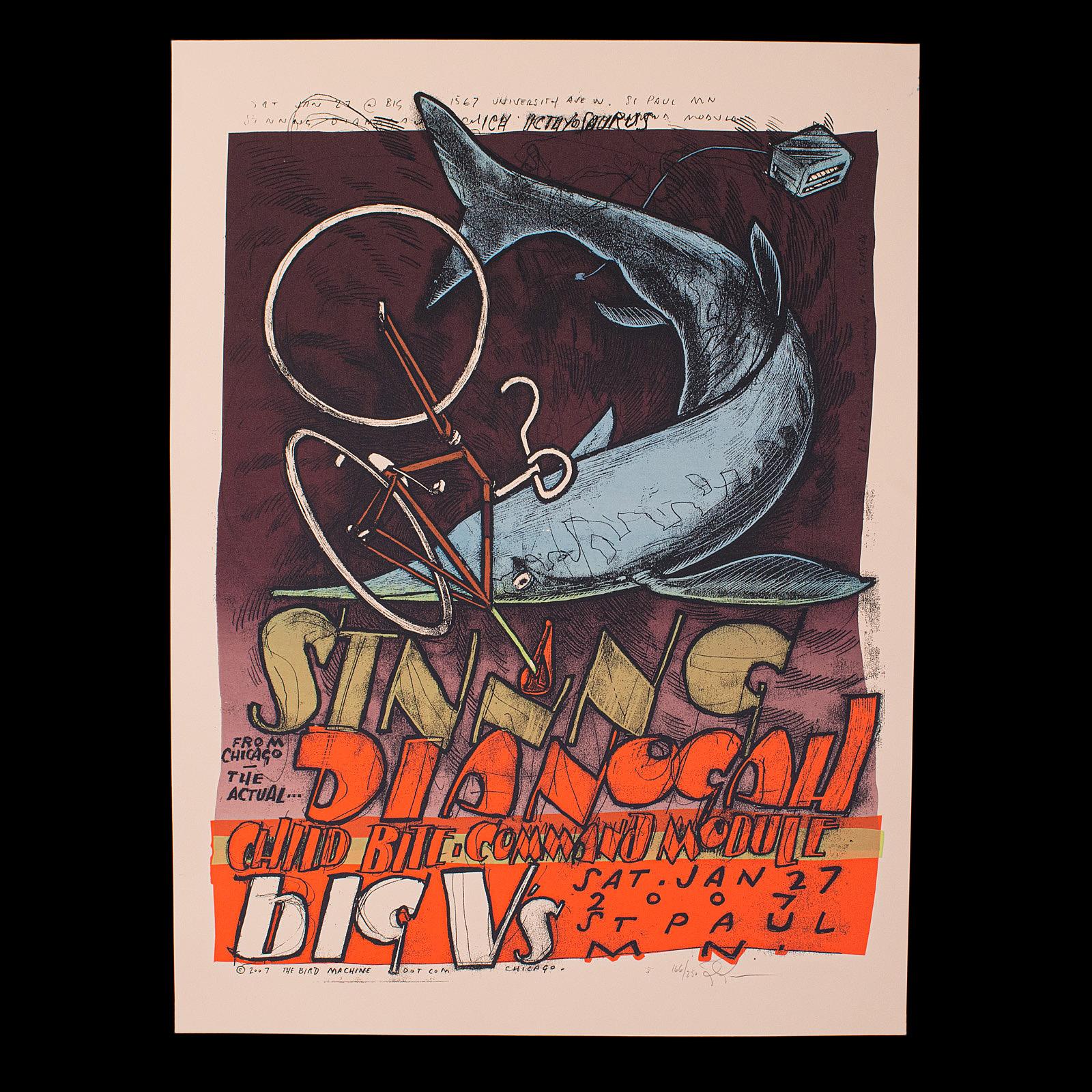 This is a decorative art screenprint. An American, concert poster, signed by and featuring the artist's band Dianogah, dated to 2007.

Eponymous piece featuring the artist's own band on the bill
In gallery exhibition quality and good order
Four