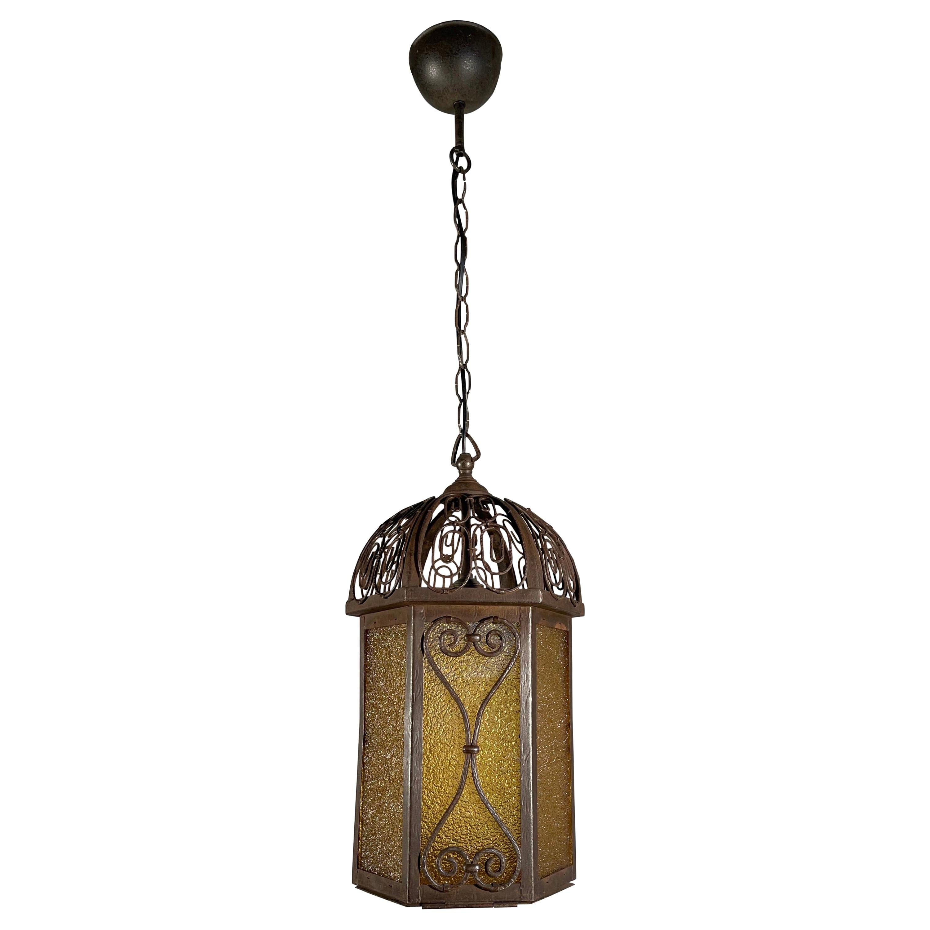 Arts and Crafts Wrought Iron Pendant Light with Cathedral Glass Lantern