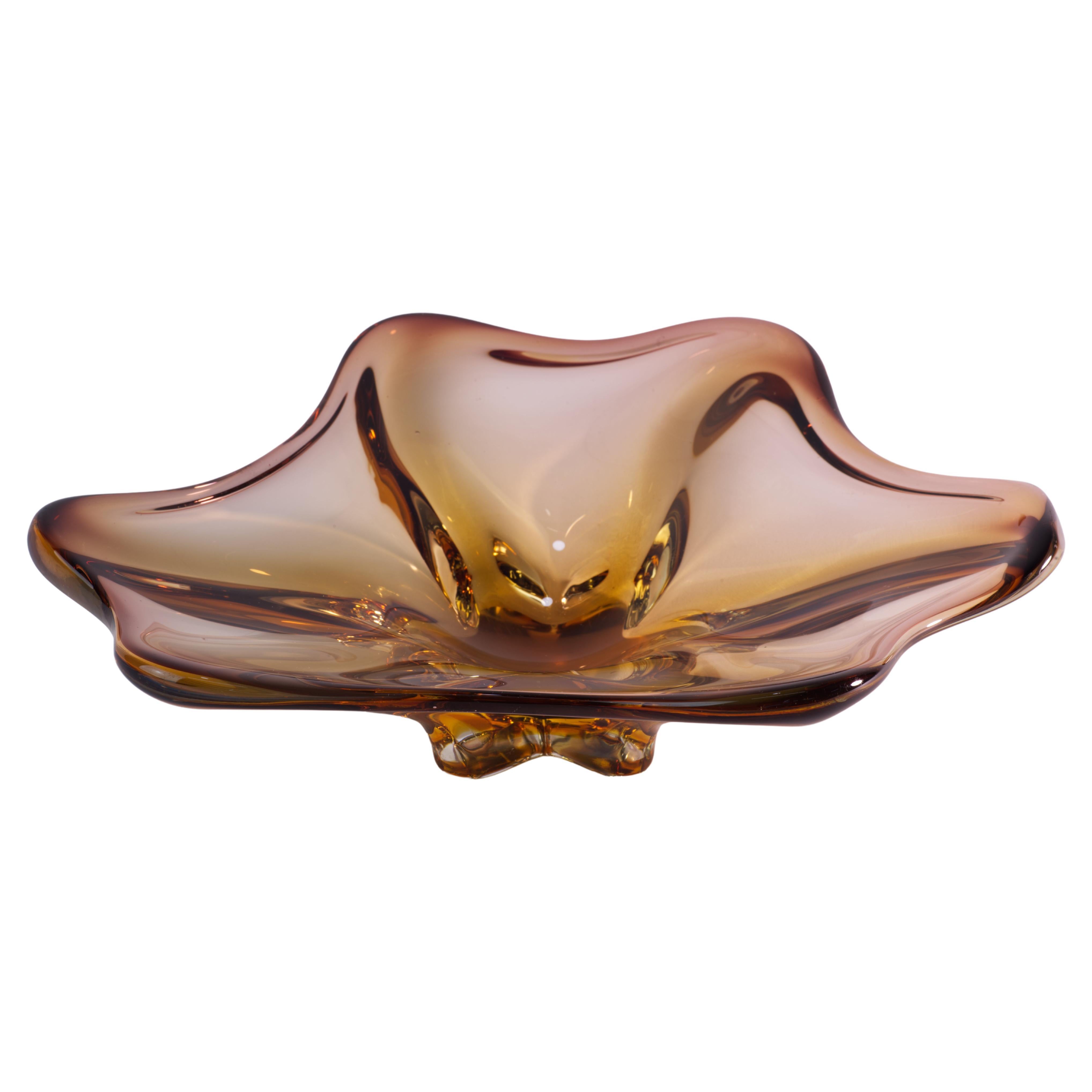 Decorative Asymmetrical Amber Glass Ashtray or Catchall Bowl For Sale
