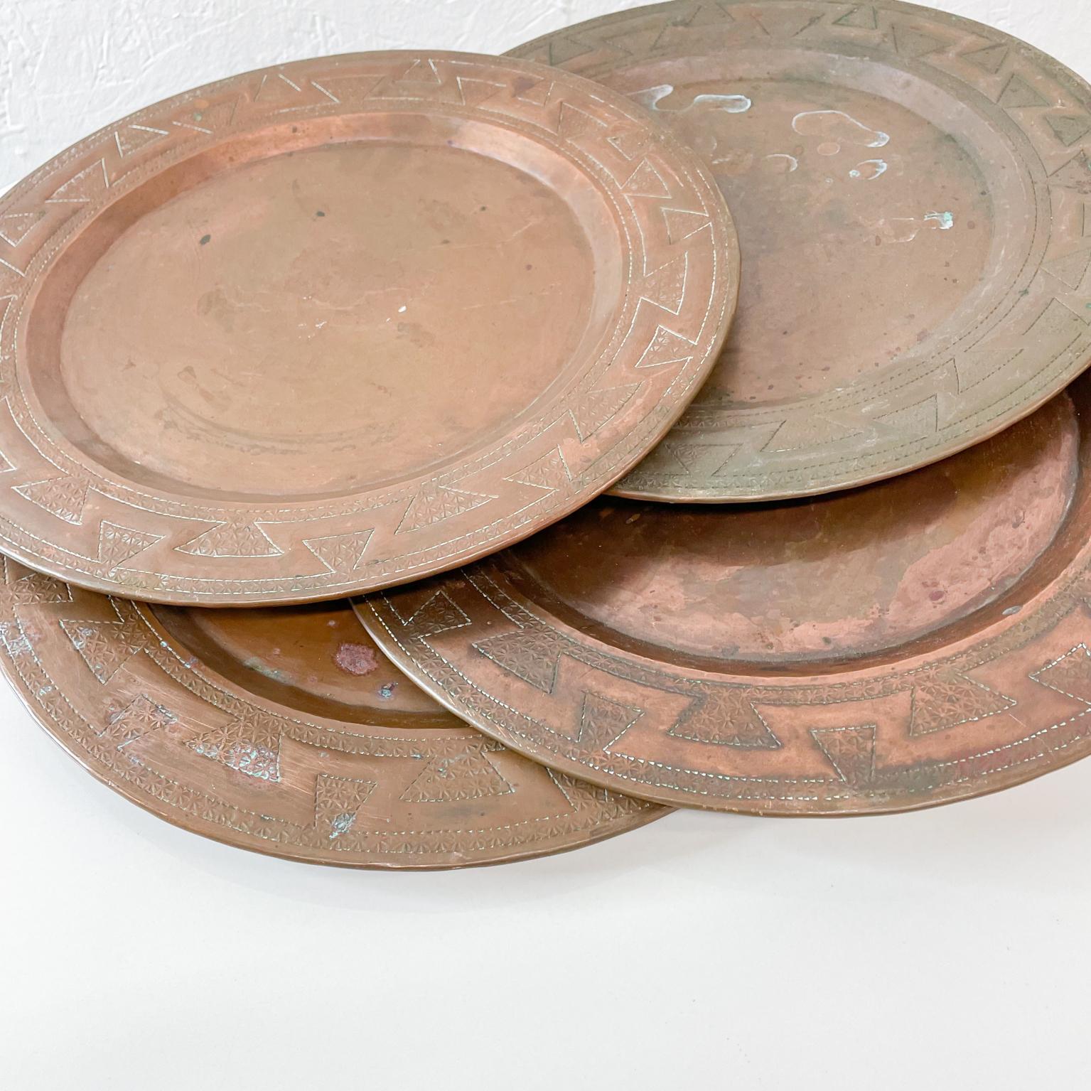 Mid-Century Modern 1950s Vintage Aztec Set of four Embossed Copper Plates Mexico