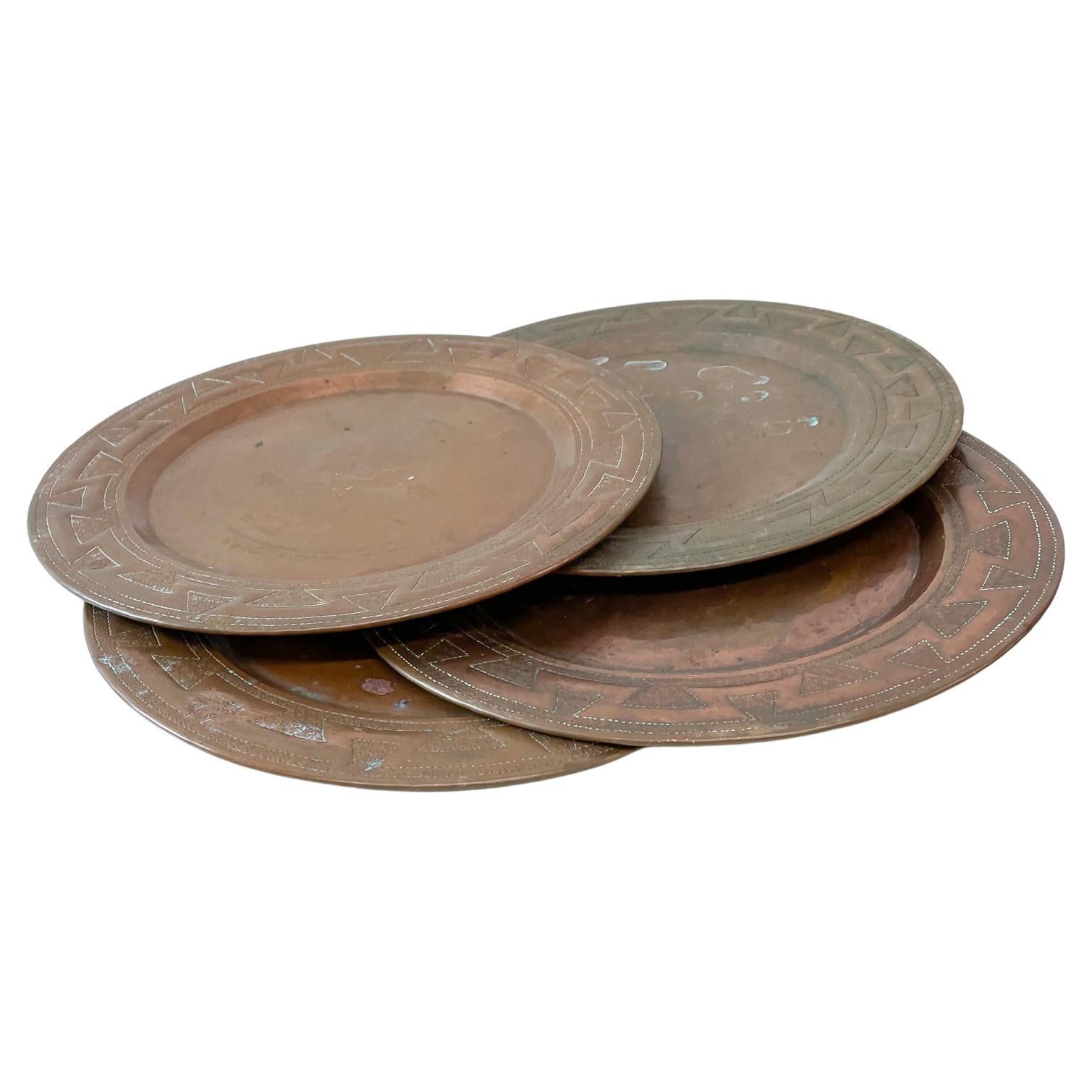 1950s Vintage Aztec Set of four Embossed Copper Plates Mexico