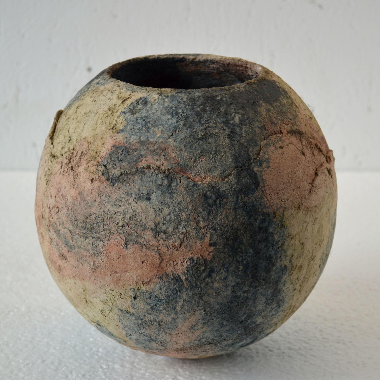 Late 20th Century Decorative Ball Shape Textured Studio Vase in Earth Tones For Sale