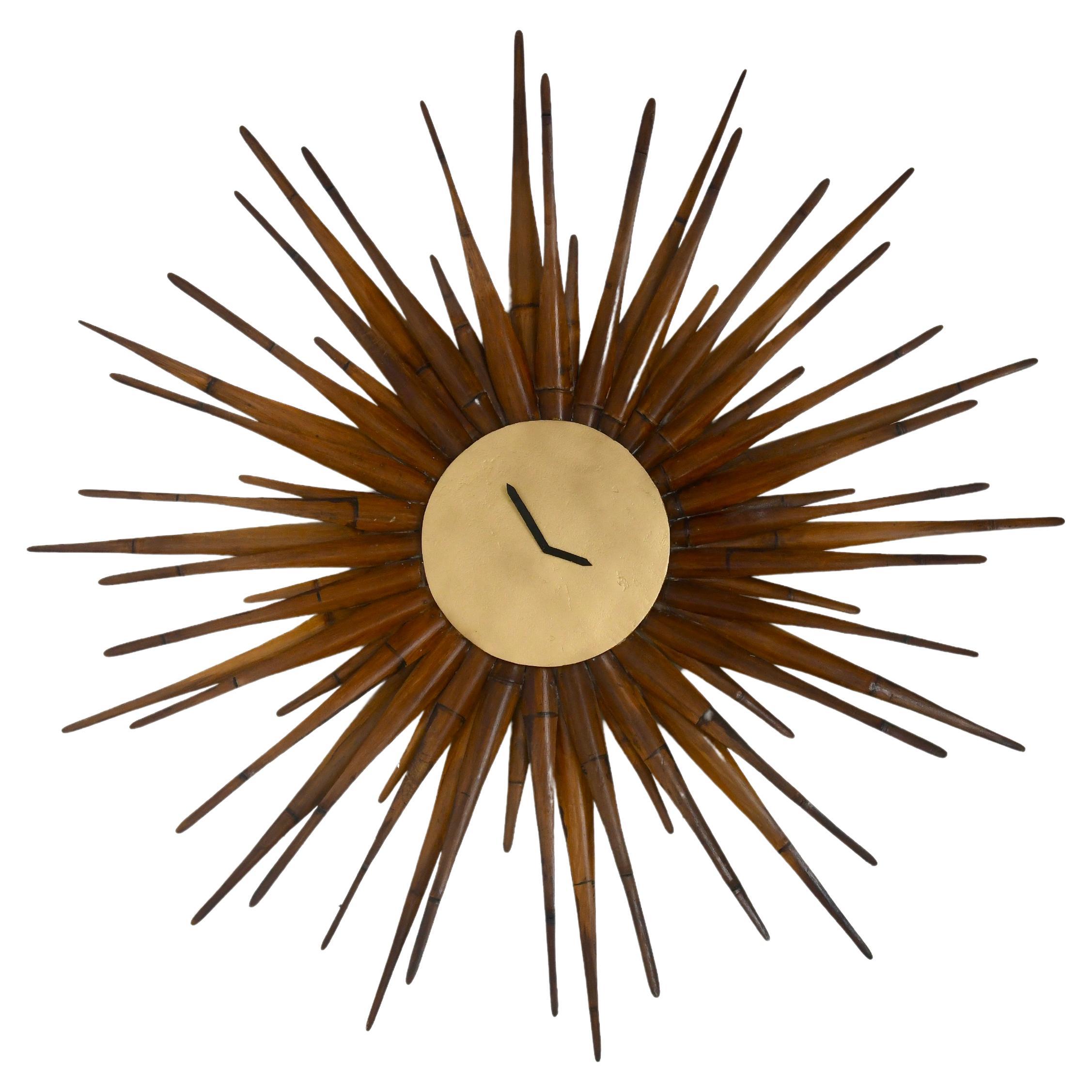 Decorative Bamboo Sunburst Clock XL Mid-Century Modern Style For Sale