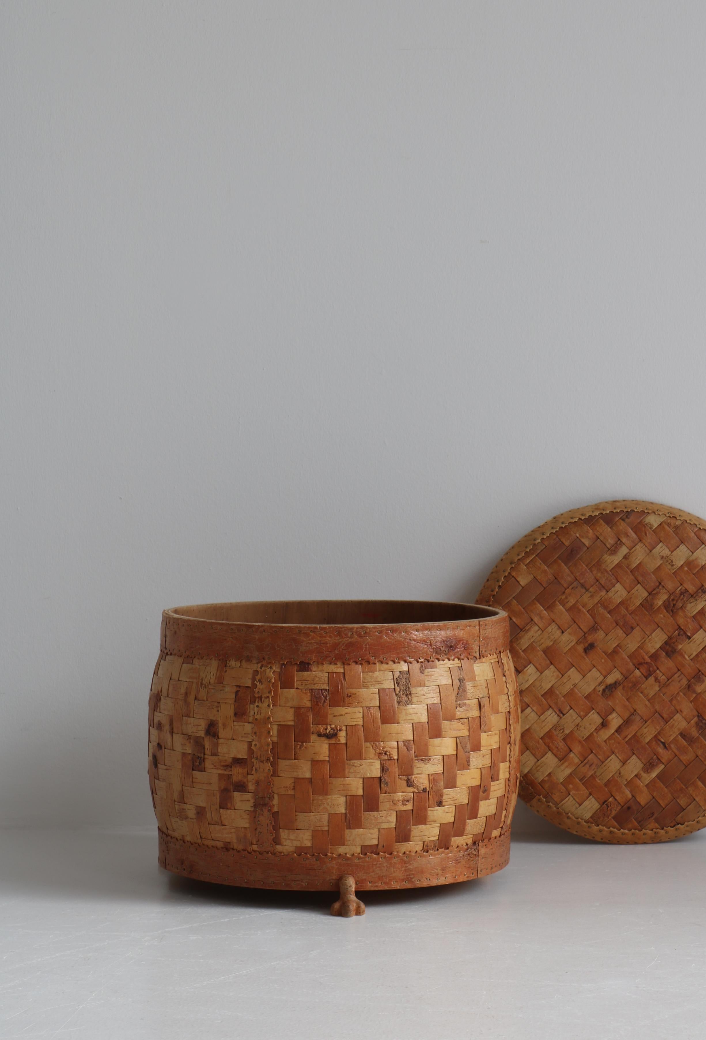 Scandinavian Modern Decorative Basket Handmade in Braided Birch Bark, 