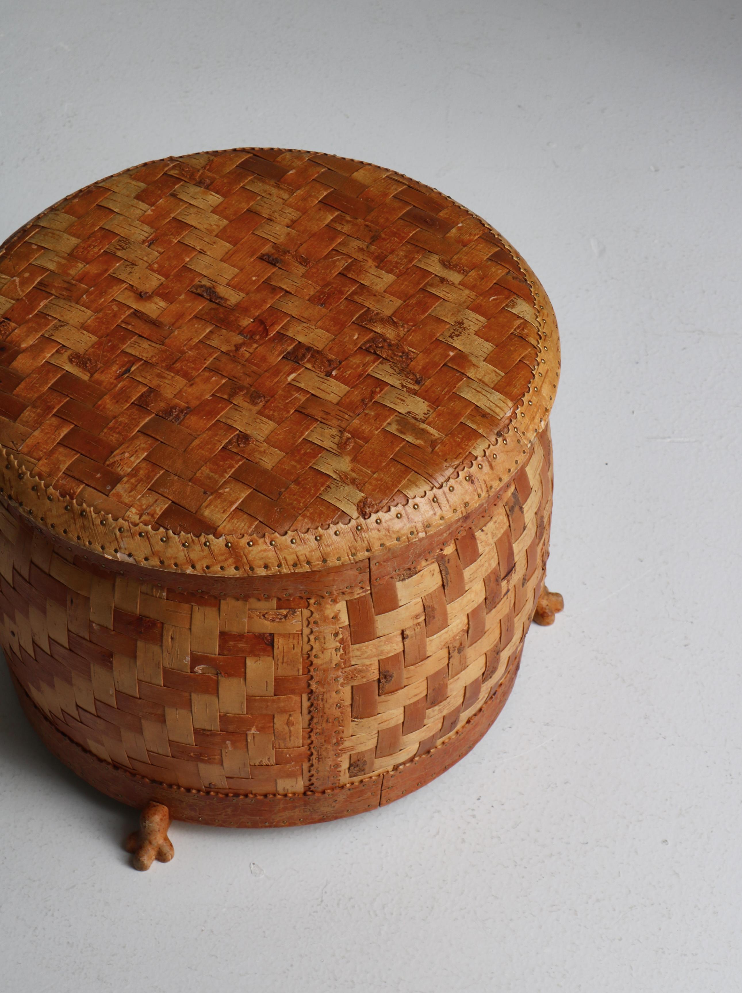 Mid-20th Century Decorative Basket Handmade in Braided Birch Bark, 