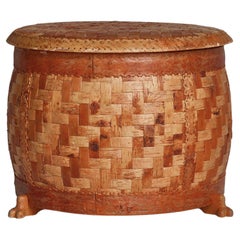 Used Decorative Basket Handmade in Braided Birch Bark, "Hemslöjd", Sweden, 1951