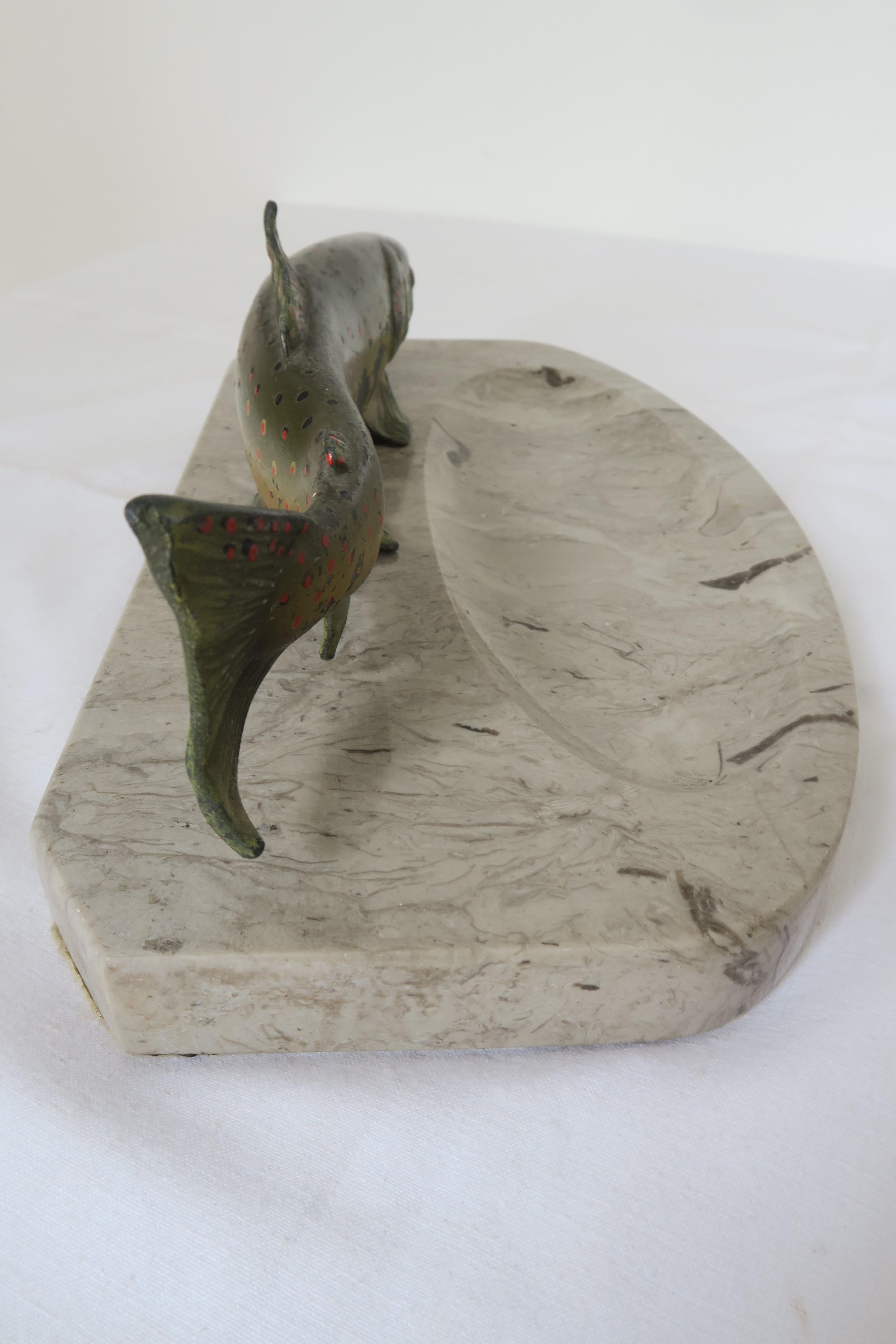 International Style Decorative Bergmann Dish Mde from Lime Stone with Trout Figurine For Sale