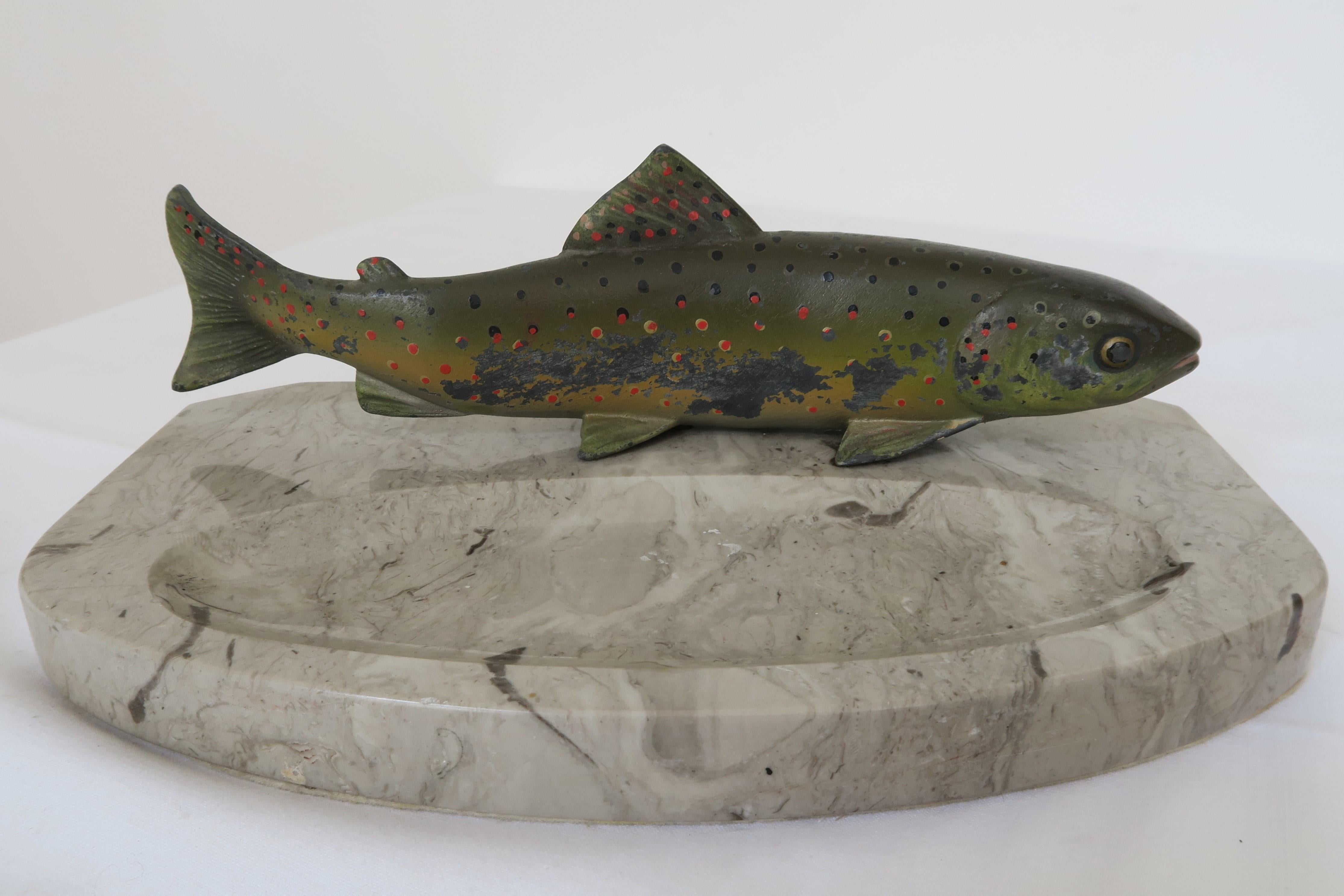 20th Century Decorative Bergmann Dish Mde from Lime Stone with Trout Figurine For Sale