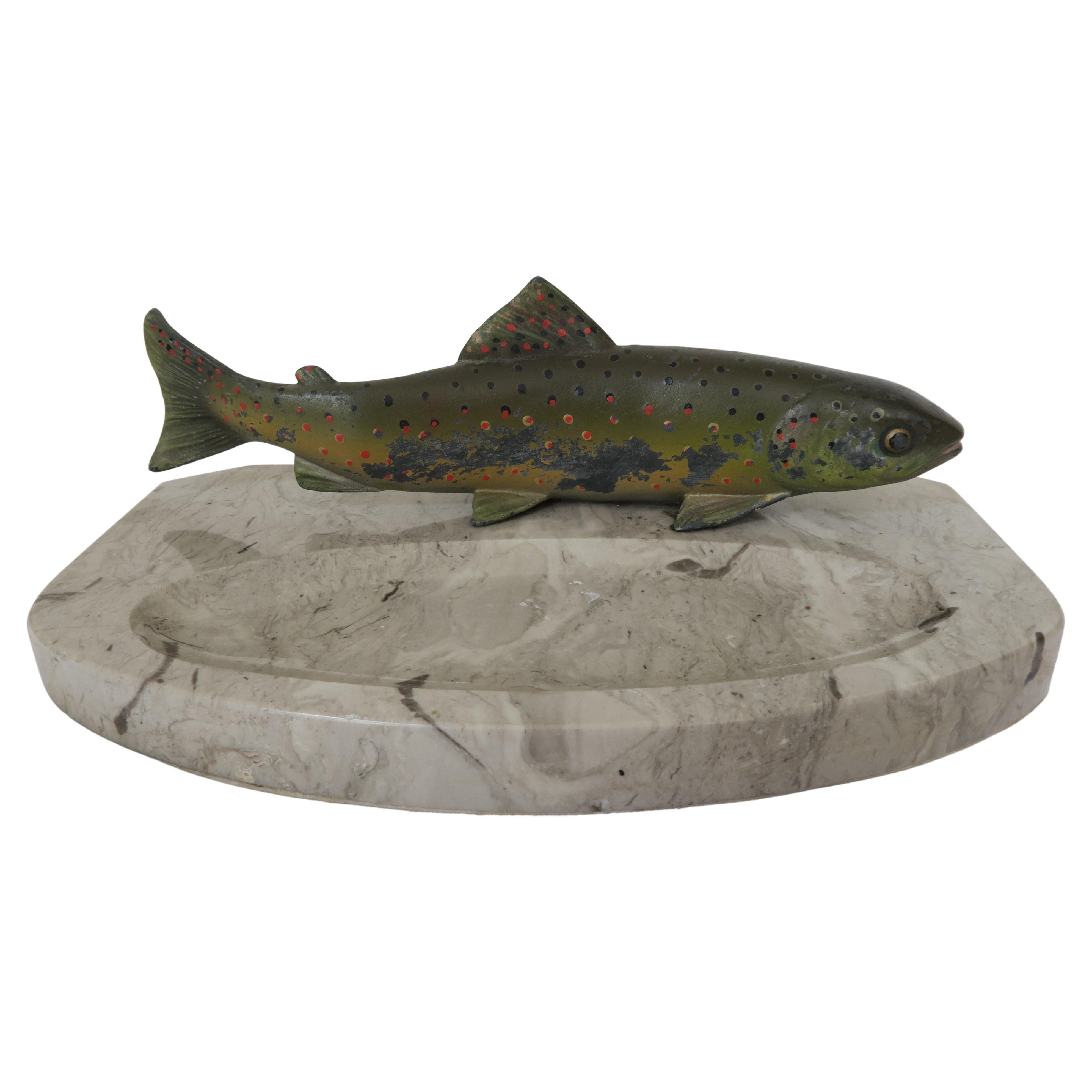 Decorative Bergmann Dish Mde from Lime Stone with Trout Figurine For Sale