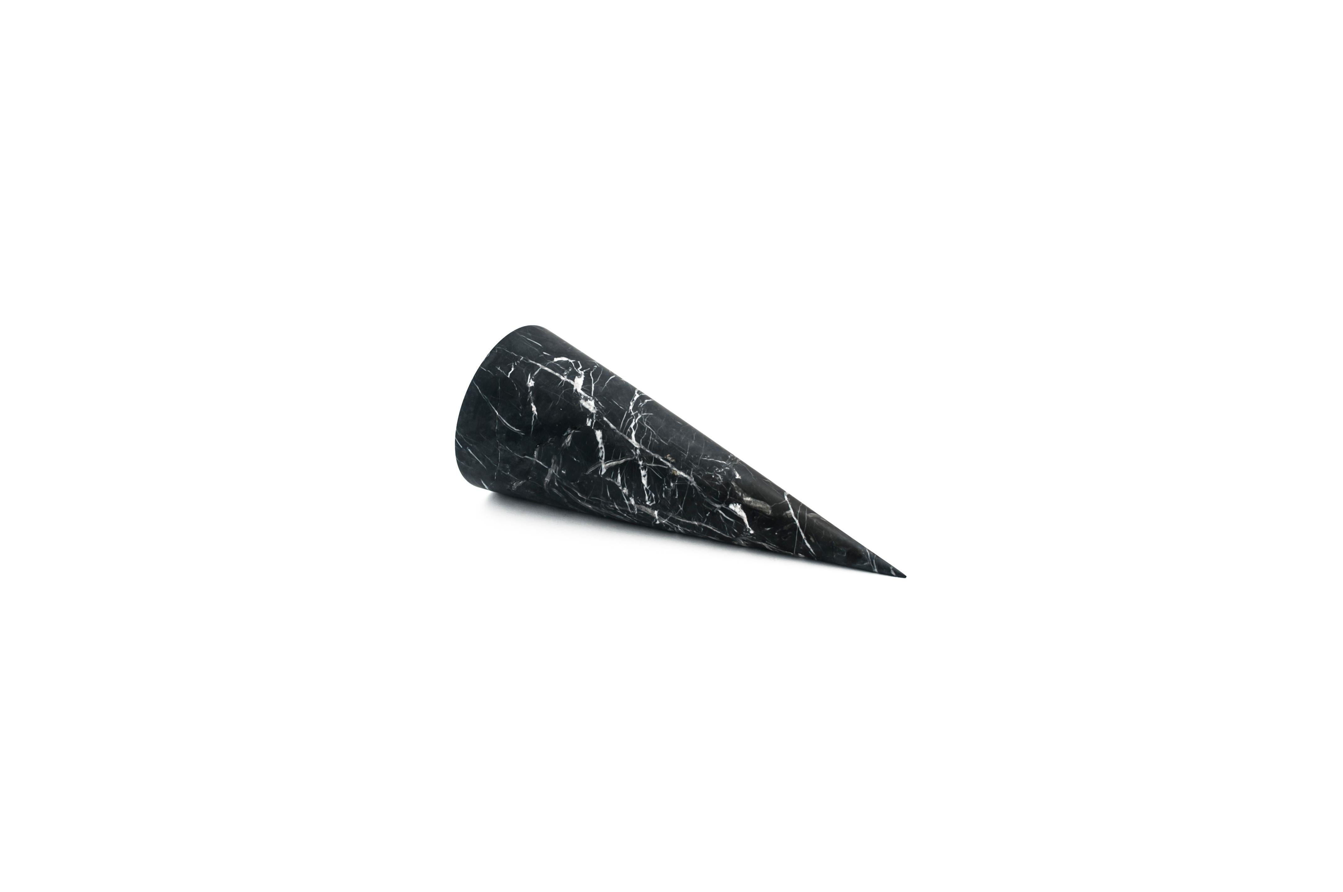 Italian Handmade Big Decorative Paperweight Cone in Satin Black Marquina Marble For Sale
