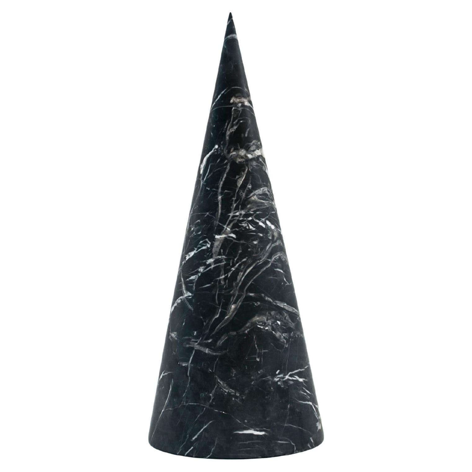 Handmade Big Decorative Paperweight Cone in Satin Black Marquina Marble For Sale