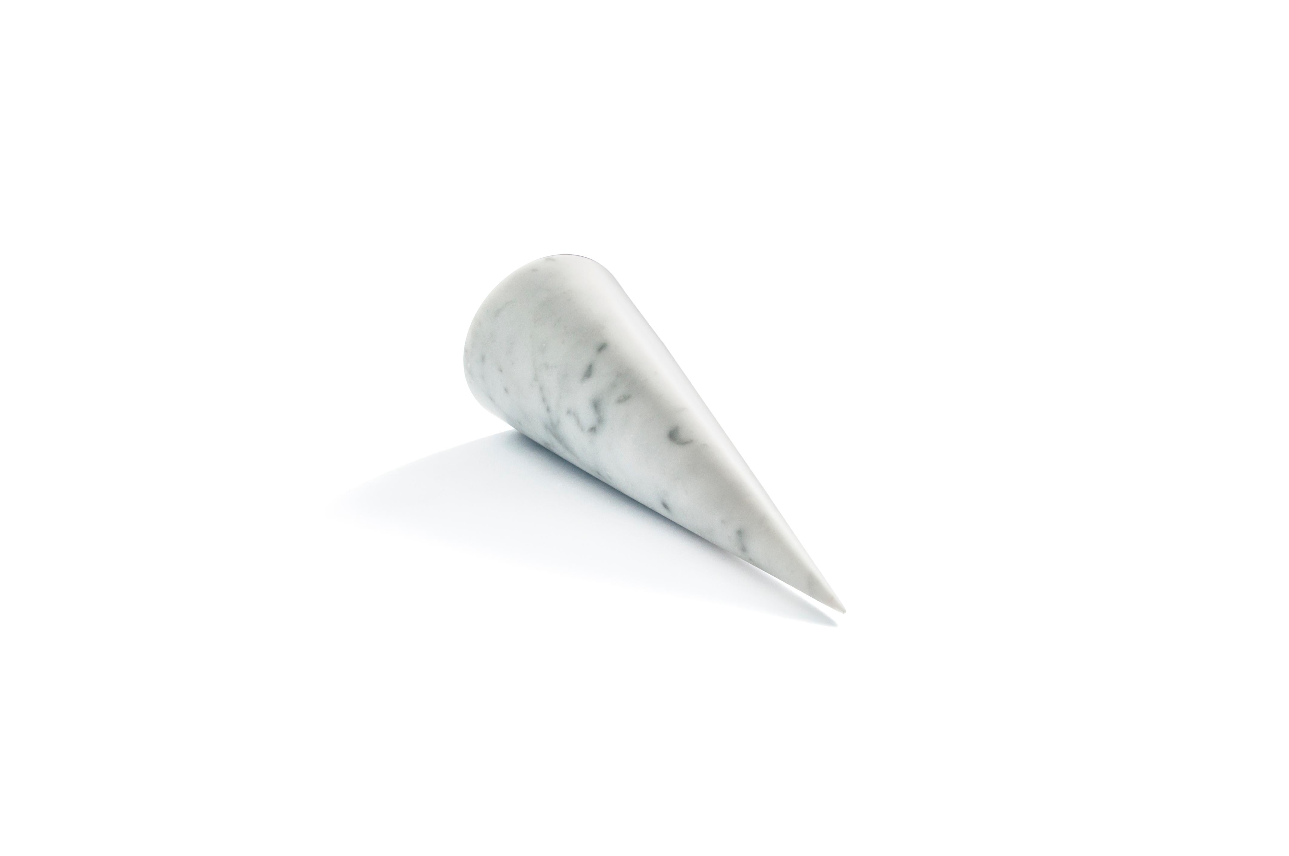 Italian Handmade Big Decorative Paperweight Cone in Satin White Carrara Marble For Sale