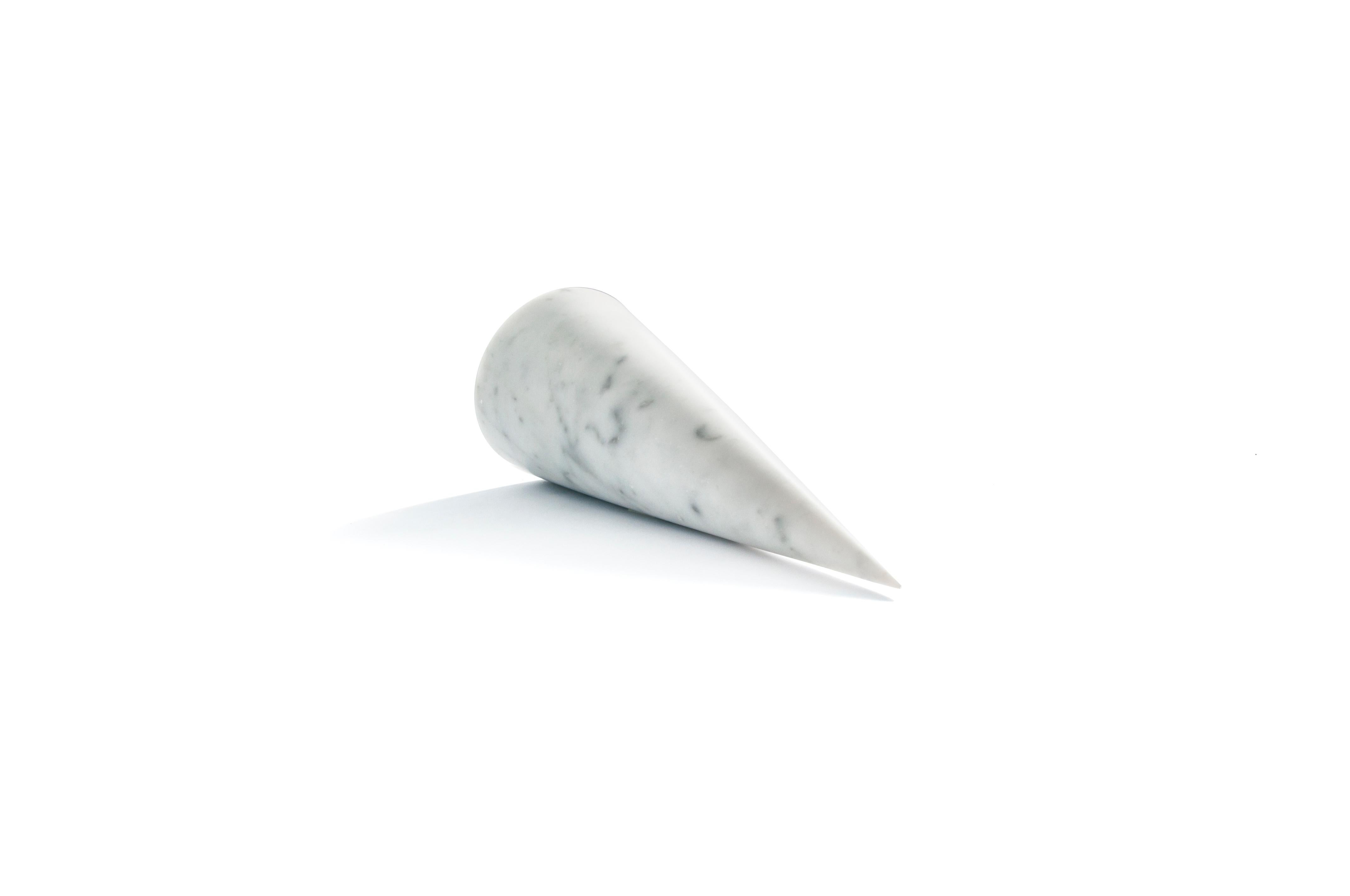 Hand-Crafted Handmade Big Decorative Paperweight Cone in Satin White Carrara Marble For Sale