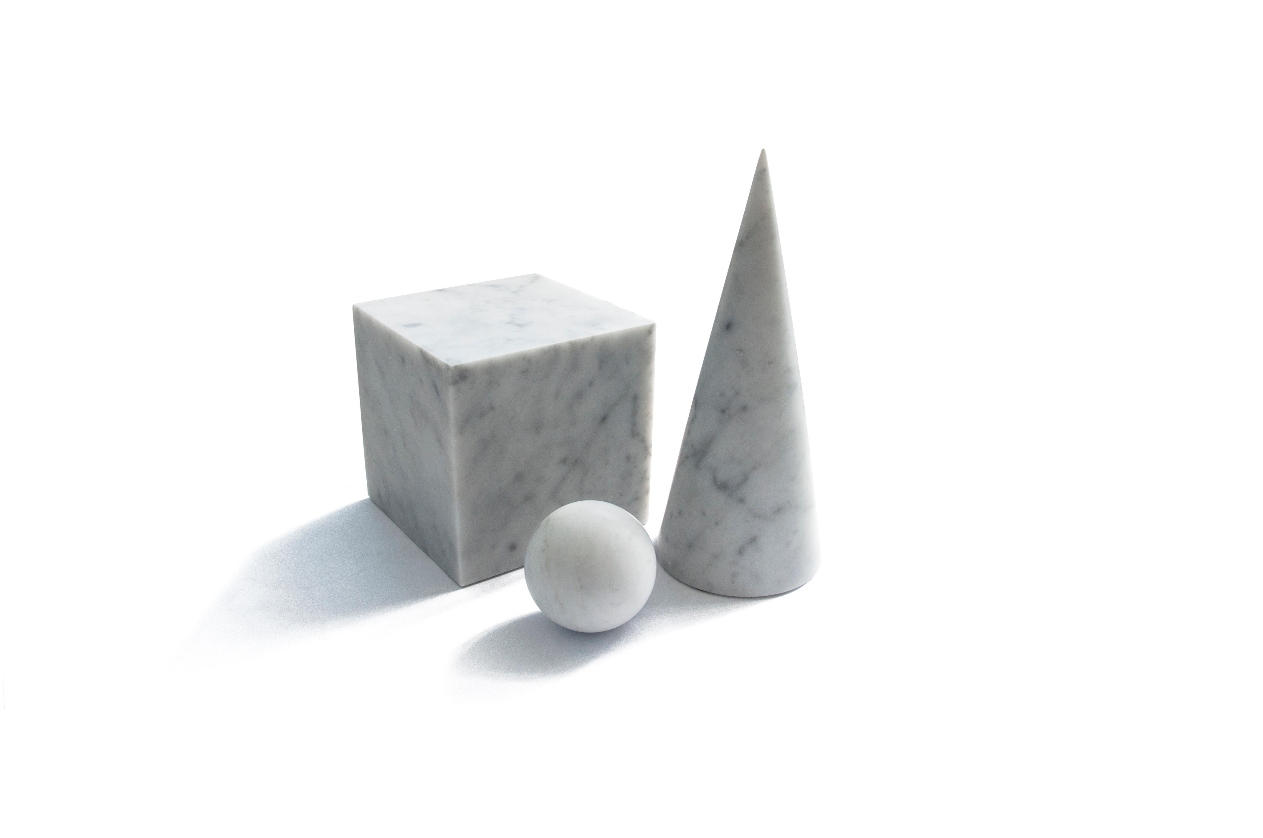Contemporary Handmade Big Decorative Paperweight Cone in Satin White Carrara Marble For Sale