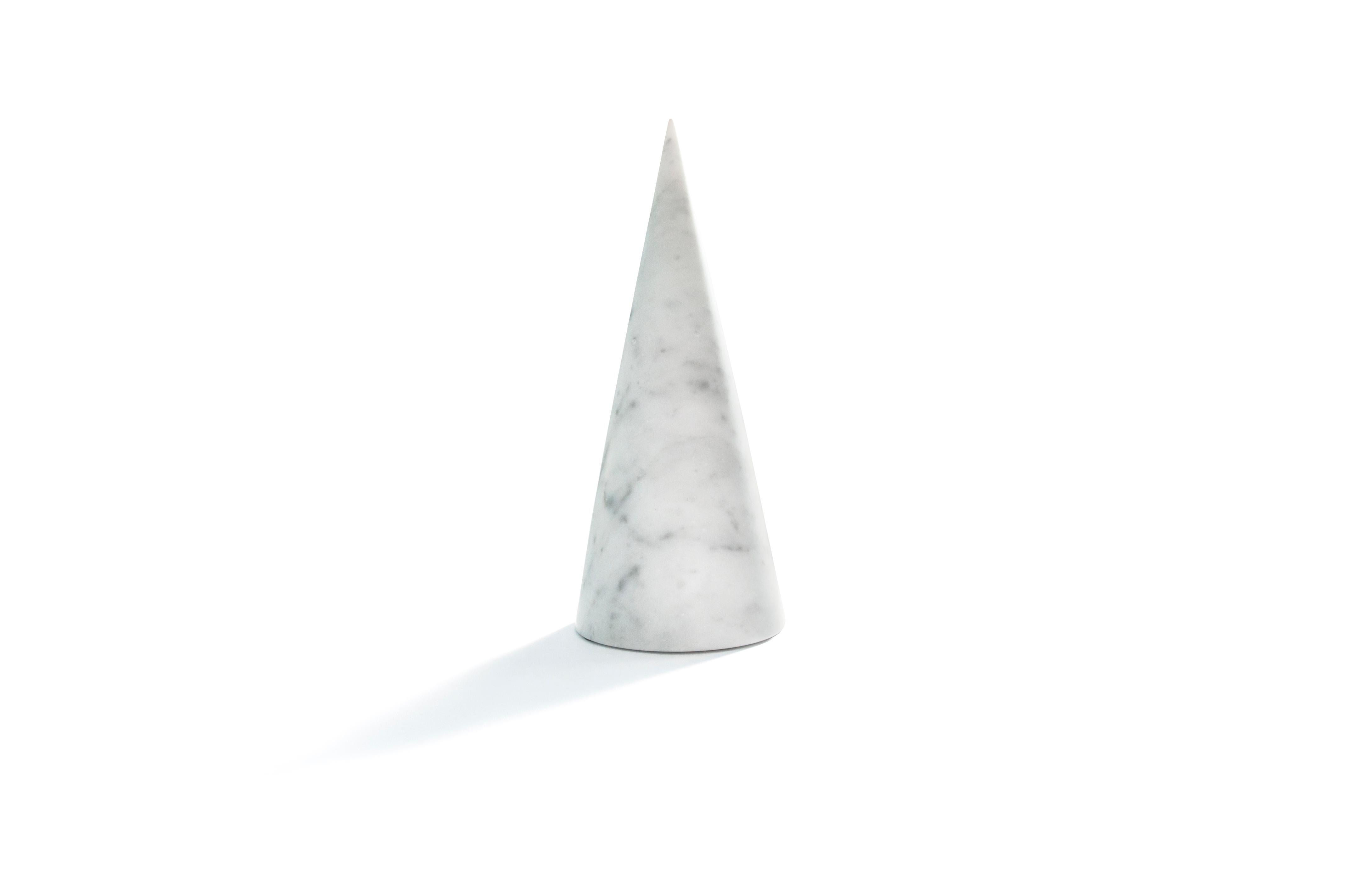 Handmade Big Decorative Paperweight Cone in Satin White Carrara Marble For Sale 1