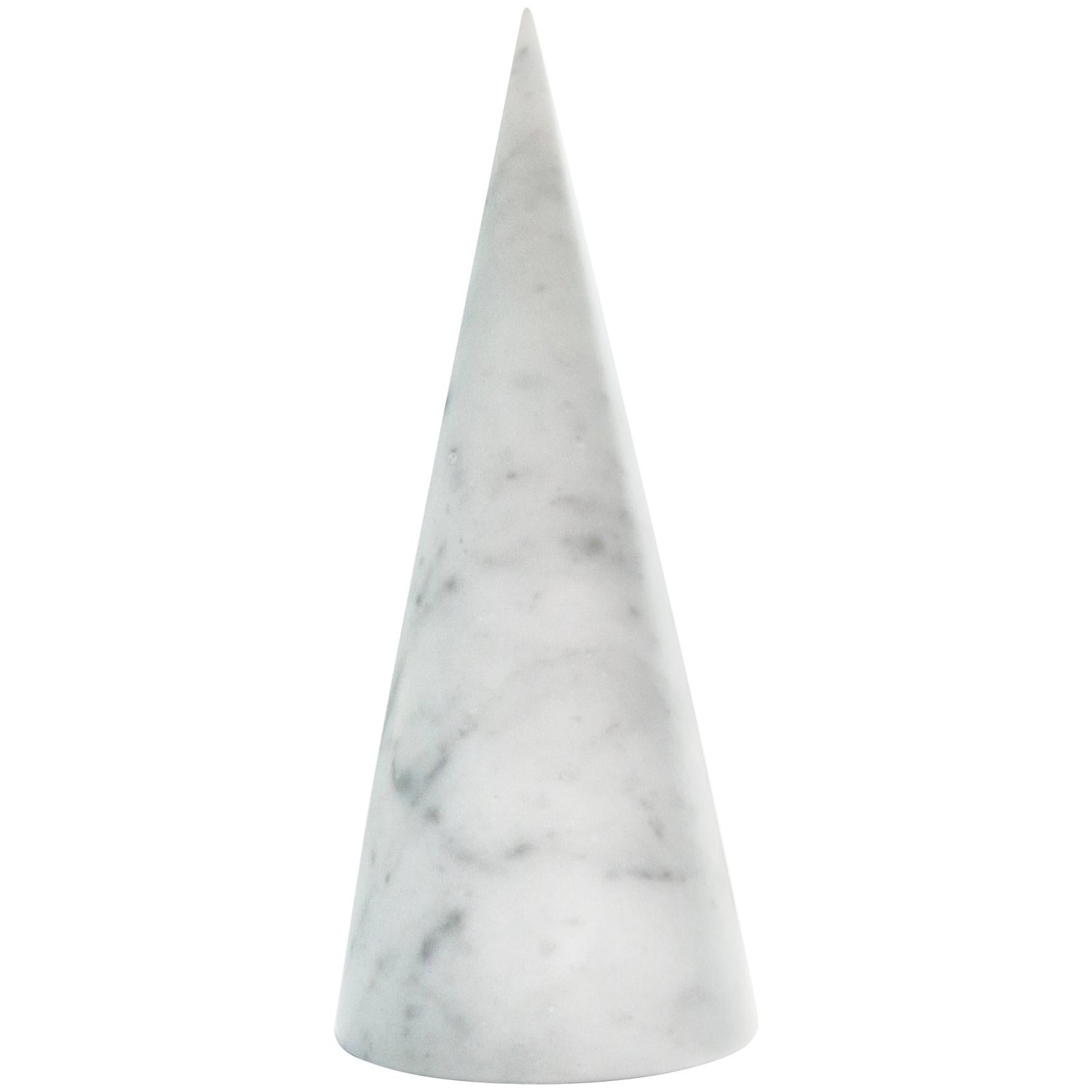 Handmade Big Decorative Paperweight Cone in Satin White Carrara Marble