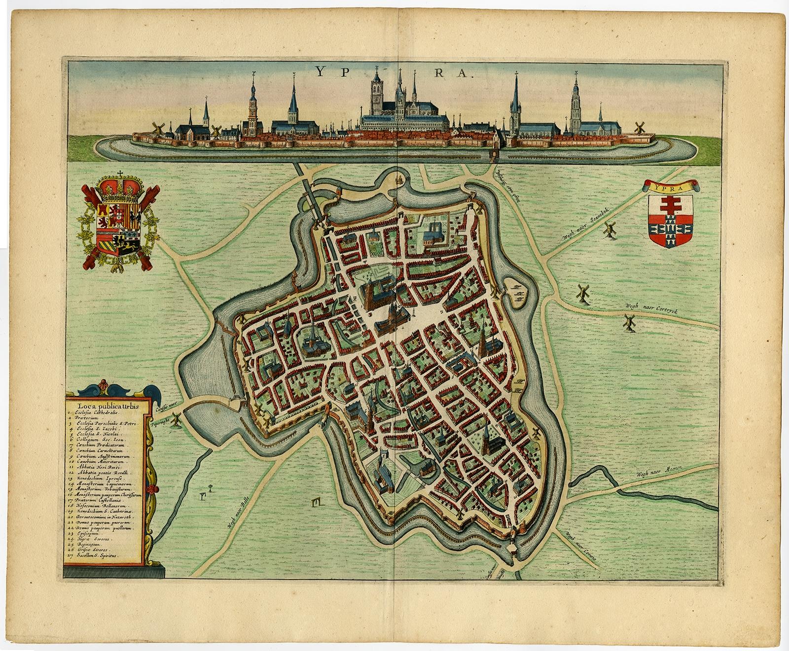 Antique print, titled: 'Ypra.' 

Bird's-eye view plan of Ieper / Ypres in Belgium. With key to locations and coats of arms. Text in Latin on verso. This plan originates from the famous city Atlas: 'Toneel der Steeden' published by Joan Blaeu