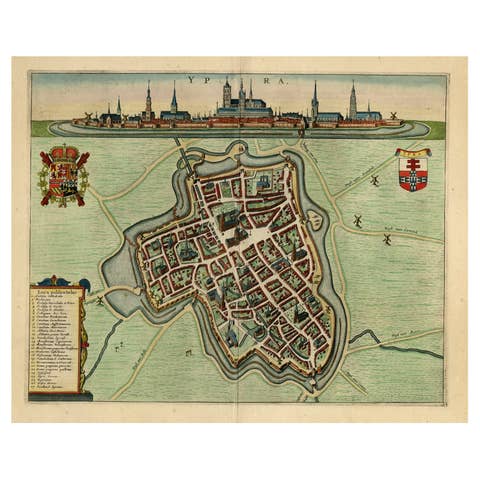 Decorative Bird's-Eye View Plan of Ieper or Ypres in Belgium, 1649