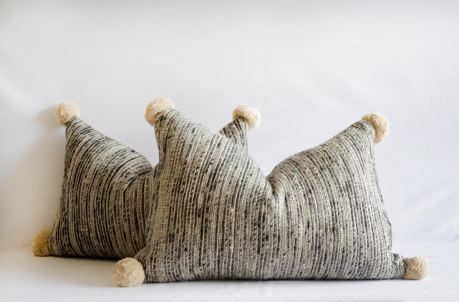 Decorative Black And Tan Raw Silk Pillows With Pom Poms At 1stdibs