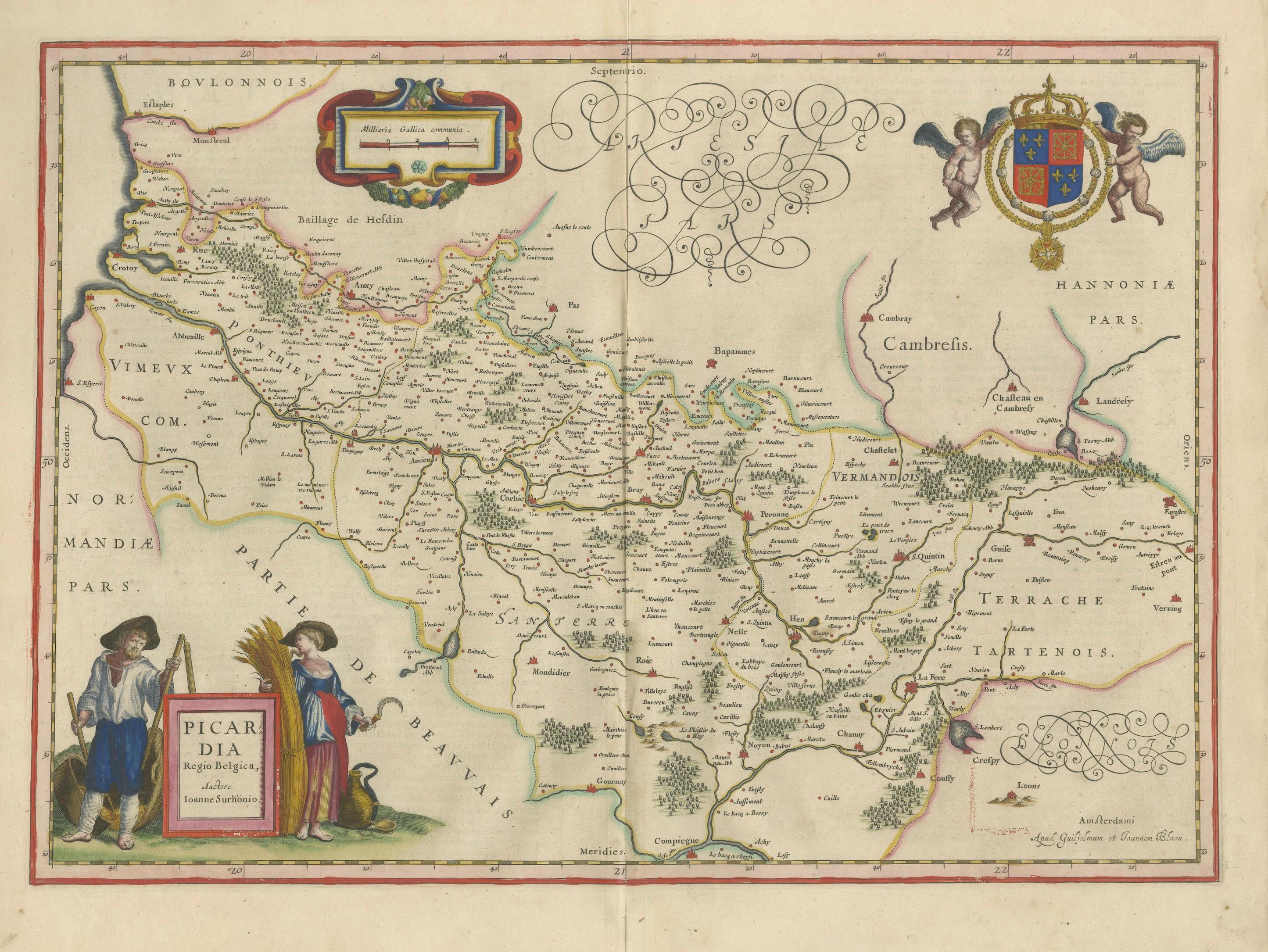 Decorative Blaeu Map of Picardy with Costume Figures, France 1642