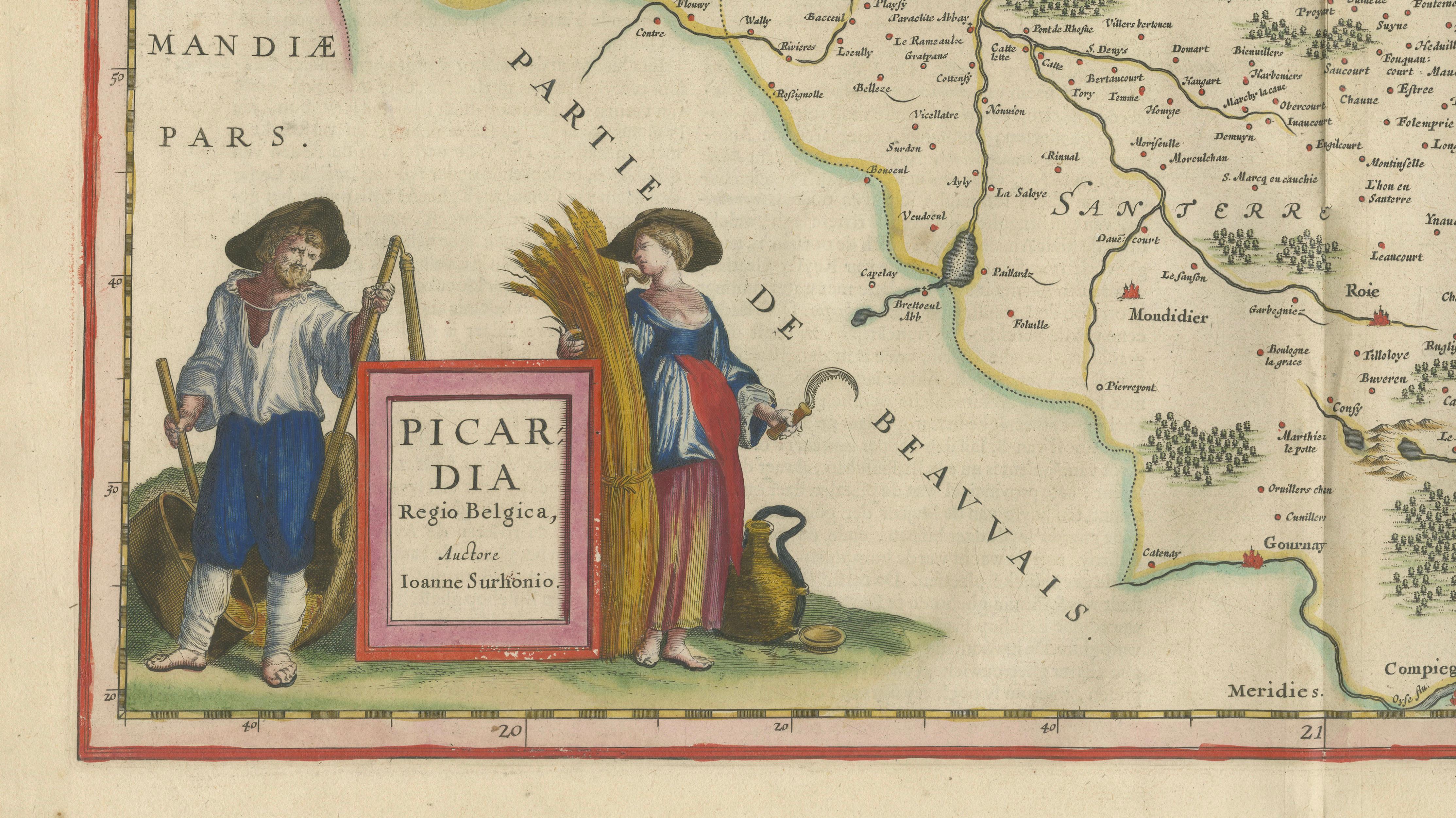 Decorative Blaeu Map of Picardy with Costume Figures, France 1642