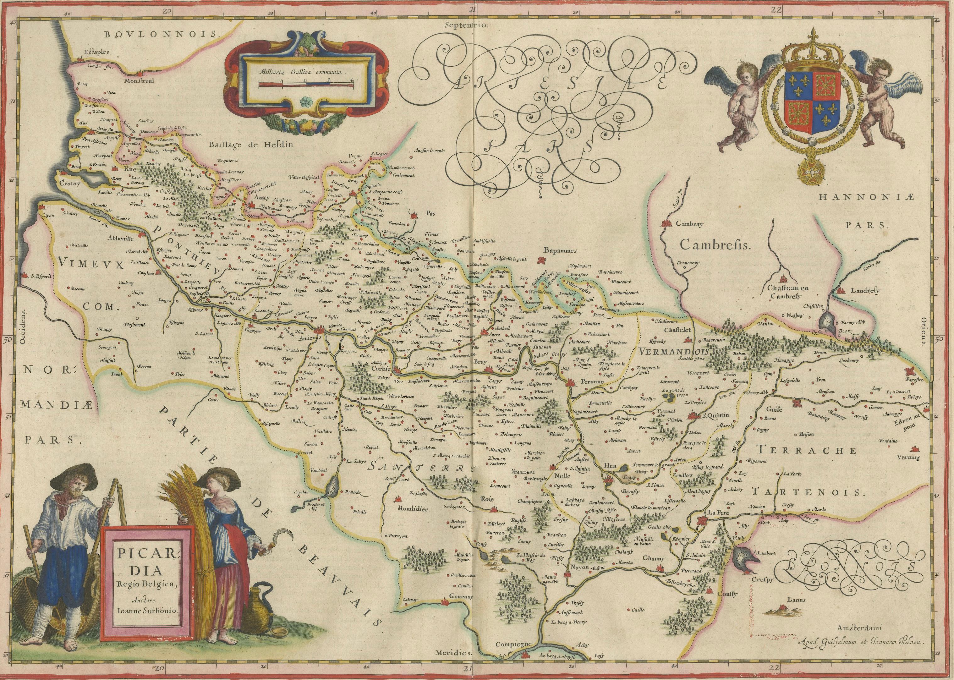 Decorative Blaeu Map of Picardy with Costume Figures, France 1642