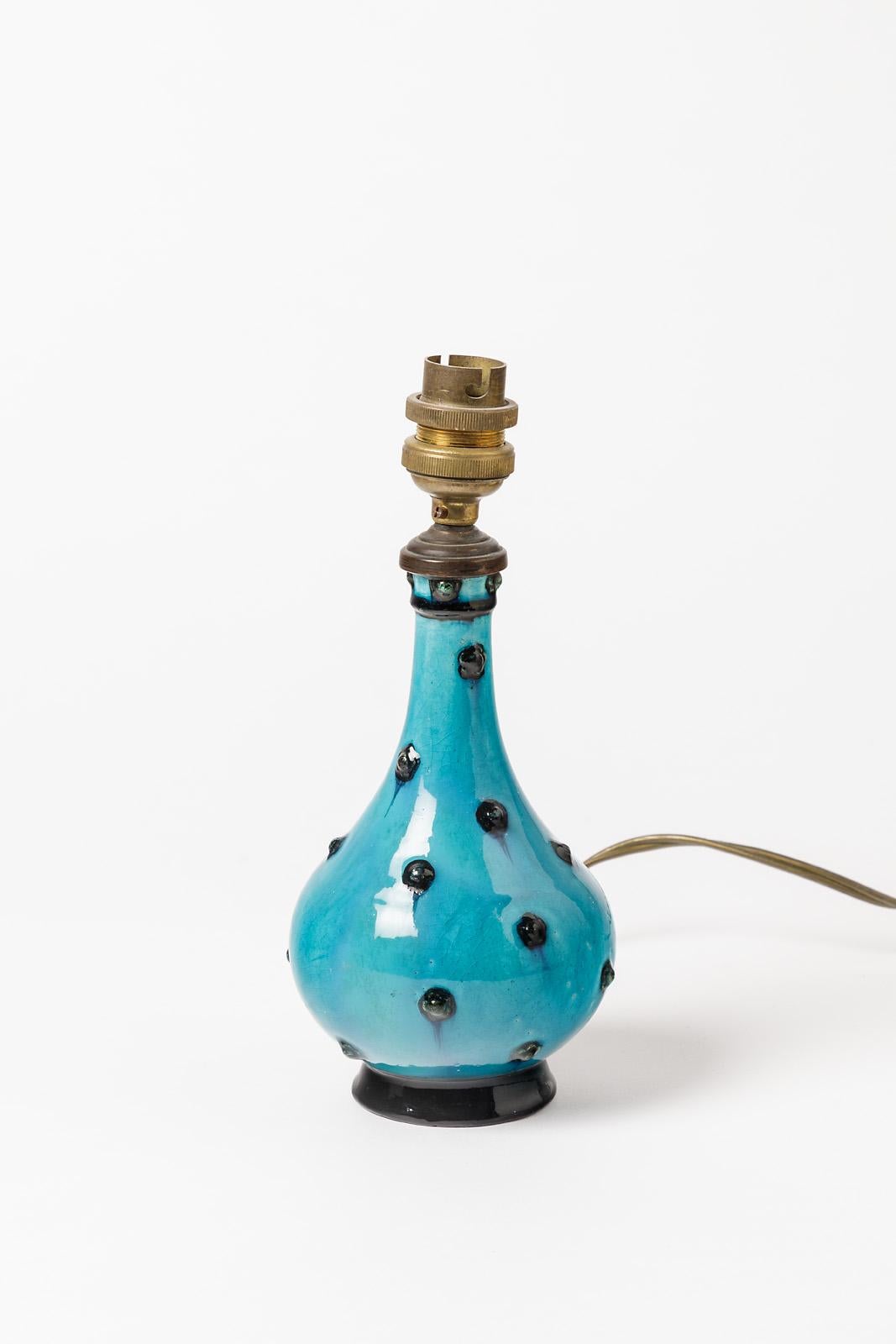 Dekorative blau-schwarze Art-déco-Keramik-Tischlampe von Lachenal:: 1930 (Art déco) im Angebot