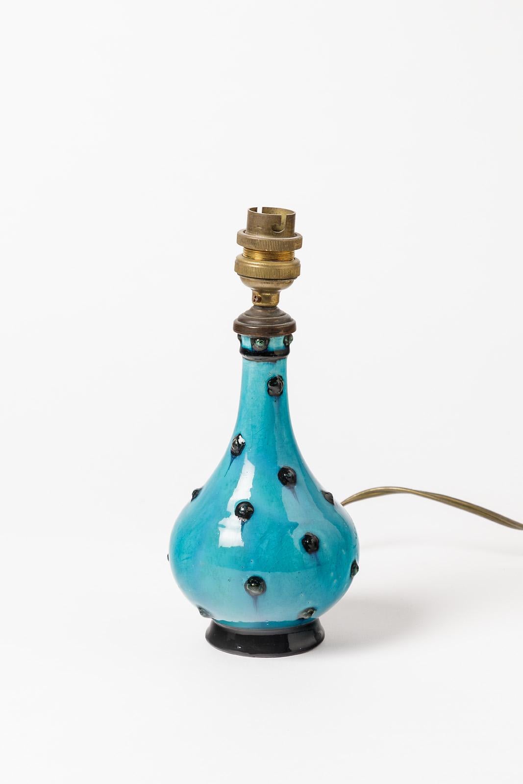 Lámpara decorativa de sobremesa de cerámica Art Decó azul y negra de Lachenal, 1930 Francés en venta
